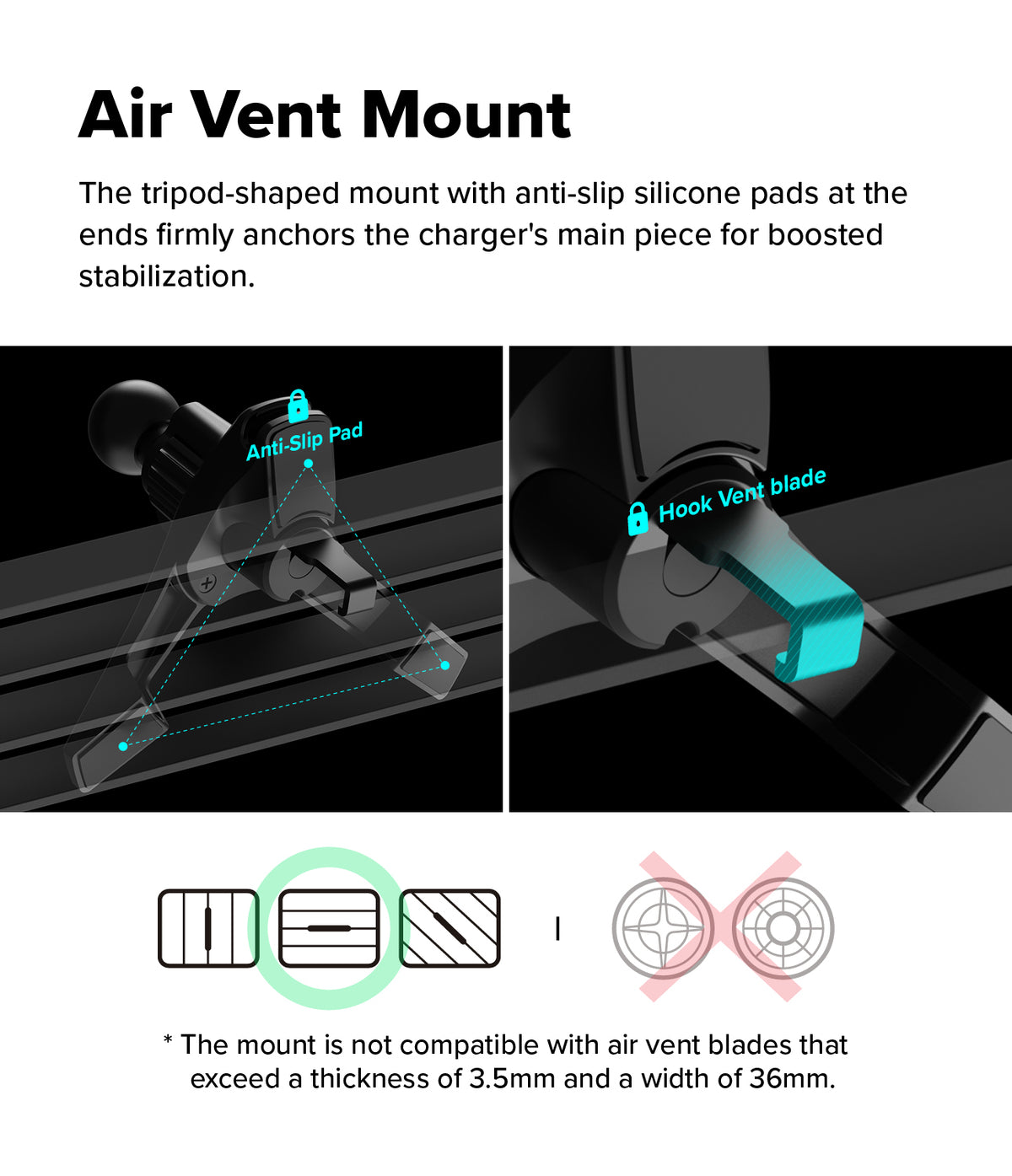 Qi2 Peltier Magnetic Car Charger Mount - Tripod air vent mount with anti-slip pads and hook for secure attachment.