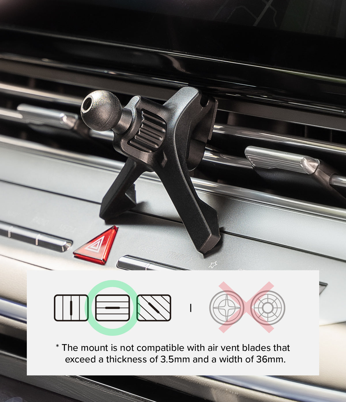 Qi2 Peltier Magnetic Car Charger Mount - Black car vent mount installed on horizontal slats with a compatibility diagram.