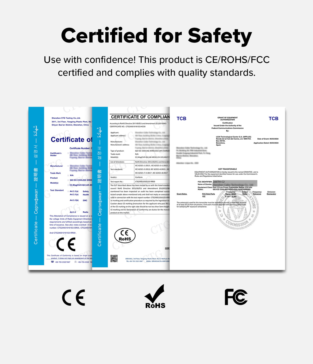 Qi2 Peltier Magnetic Car Charger Mount - Three official safety certification documents with CE, RoHS, and FCC logos.