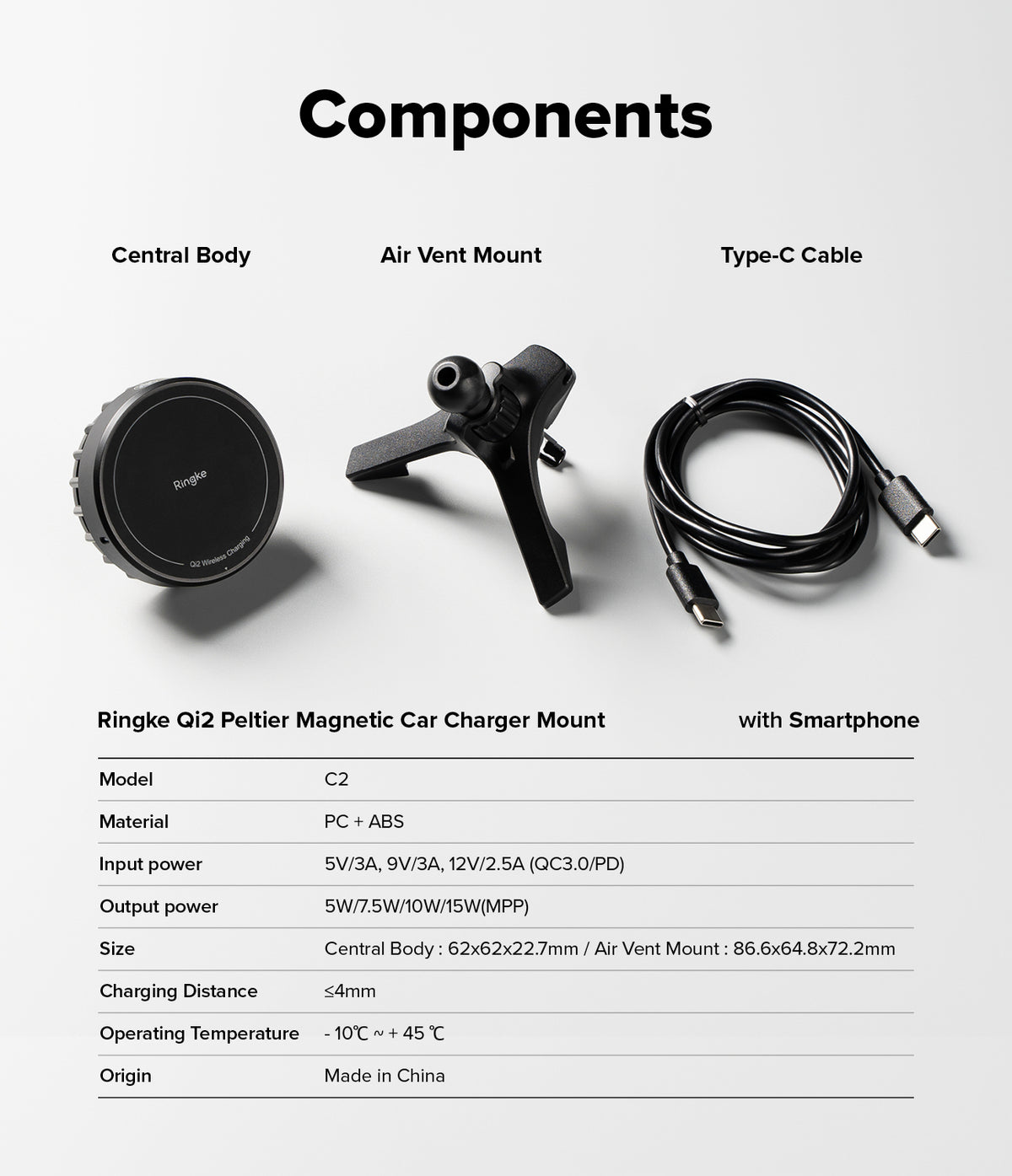 Qi2 Peltier Magnetic Car Charger Mount - Components include a magnetic charger, air vent mount, and USB-C cable with specs.