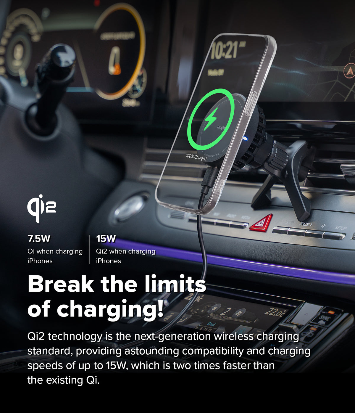 Qi2 Peltier Magnetic Car Charger Mount - Smartphone charging on a car vent mount with 15W Qi2 wireless technology.