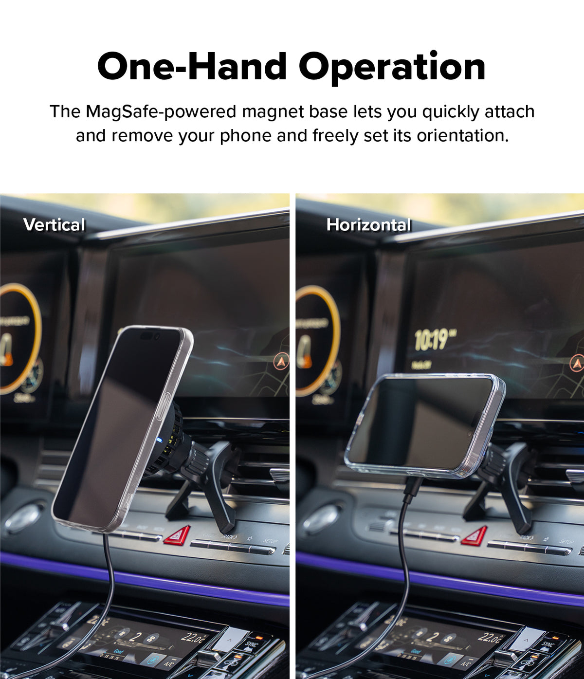 Qi2 Peltier Magnetic Car Charger Mount - Smartphone attached to car vent mount in both vertical and horizontal orientations.