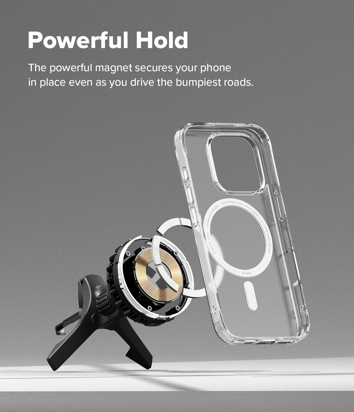 Qi2 Peltier Magnetic Car Charger Mount - Magnetic car mount with gold charging coil aligning to a clear phone case.