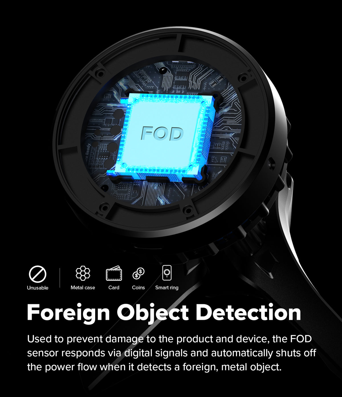 Qi2 Peltier Magnetic Car Charger Mount - Close-up of a glowing blue FOD chip on a circuit board with icons for metal objects.