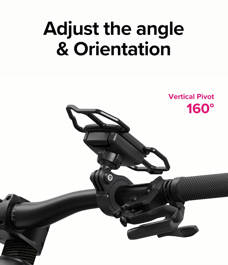 Quick & Go | Grip Bike Mount - A black phone mount on a bicycle handlebar demonstrating a 160-degree vertical pivot adjustment.