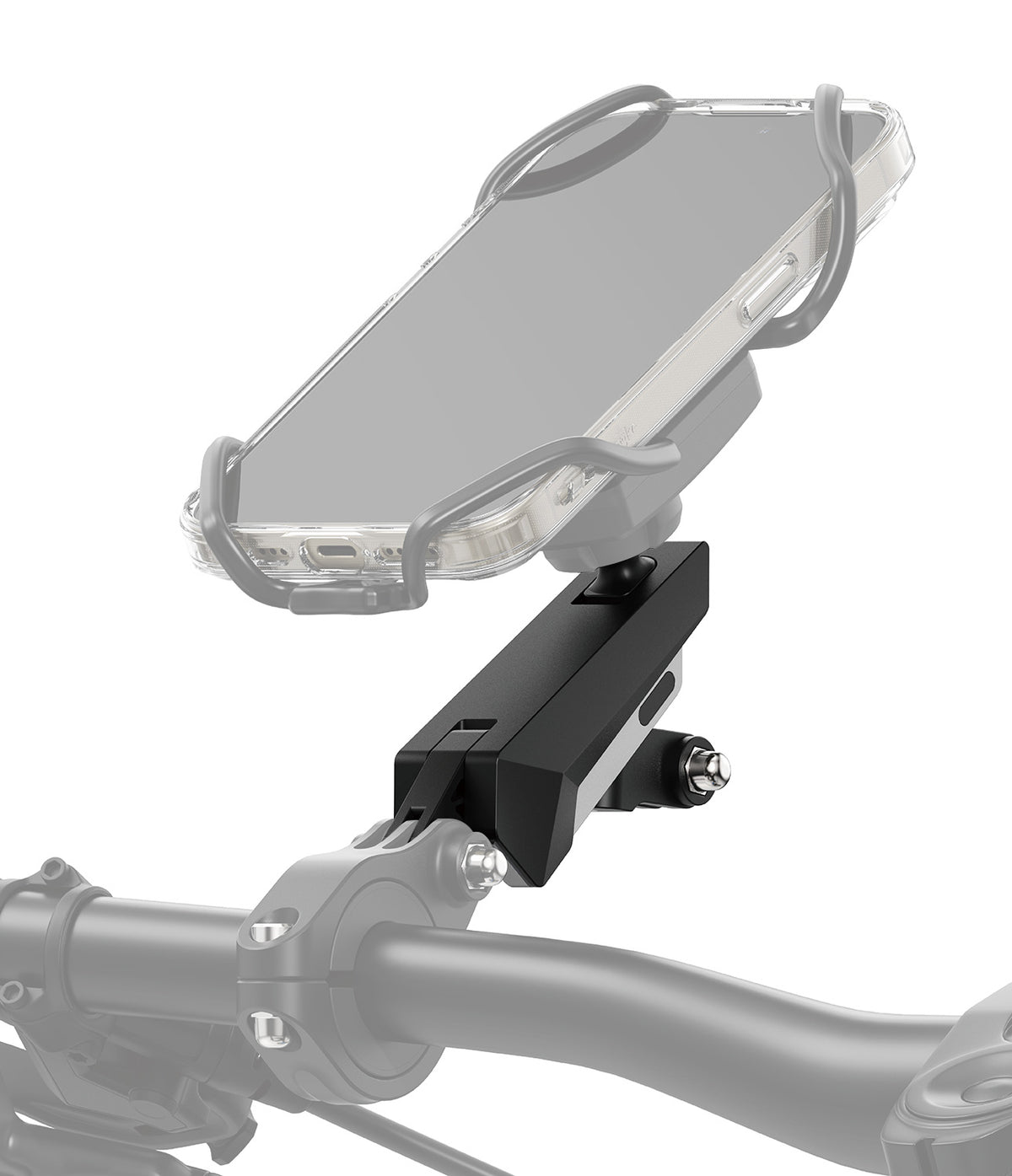 Quick & Go | Bike Mount Vibration Damper Add-on - Smartphone mounted on a bike handlebar with a black vibration damper.