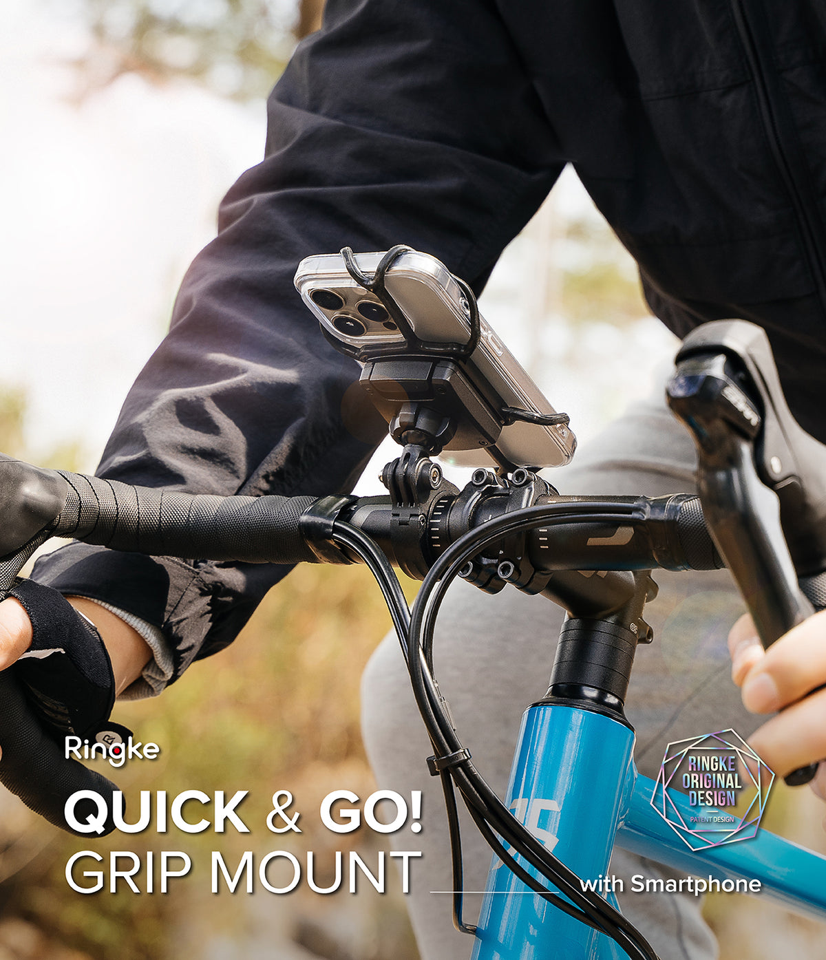 Quick & Go | Grip Bike Mount - Smartphone secured to bicycle handlebars with a black rubber strap mount.