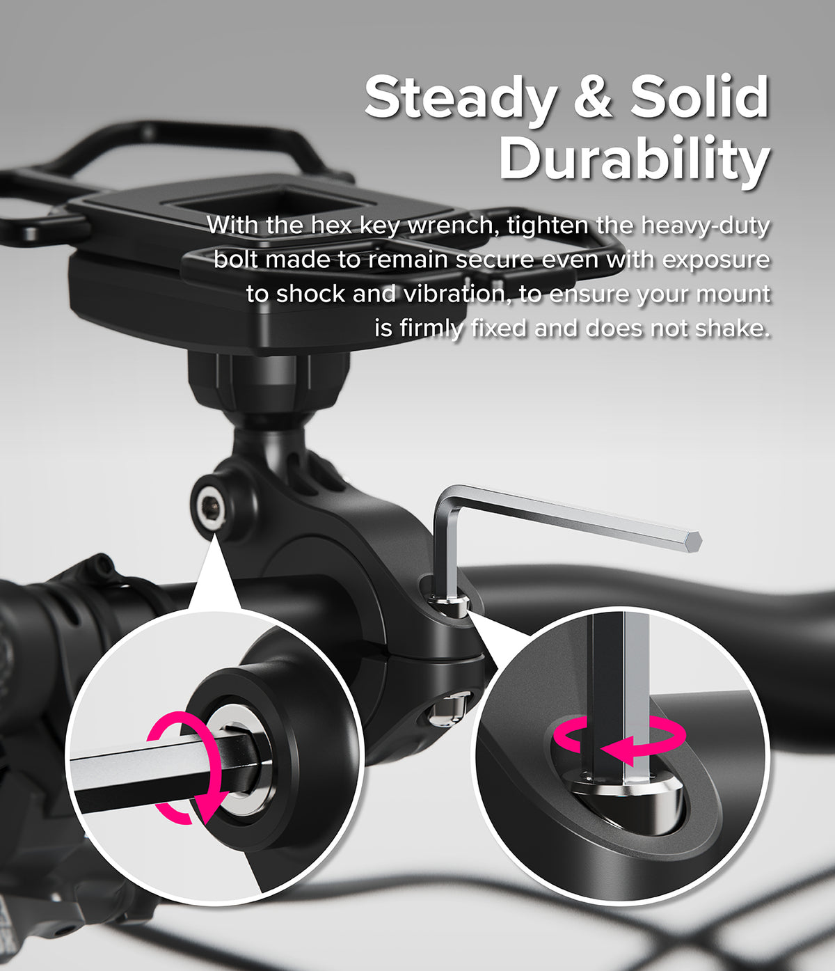 Quick & Go | Grip Bike Mount - Hex key tightening the bike mount bolt to ensure a secure, vibration-resistant fit.