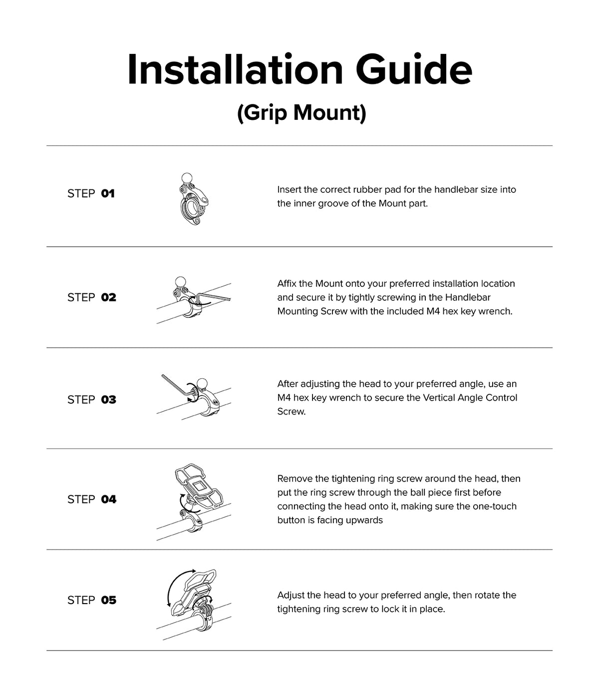 Quick & Go | Grip Bike Mount - Five-step illustrated installation guide for attaching a bike phone mount to handlebars.