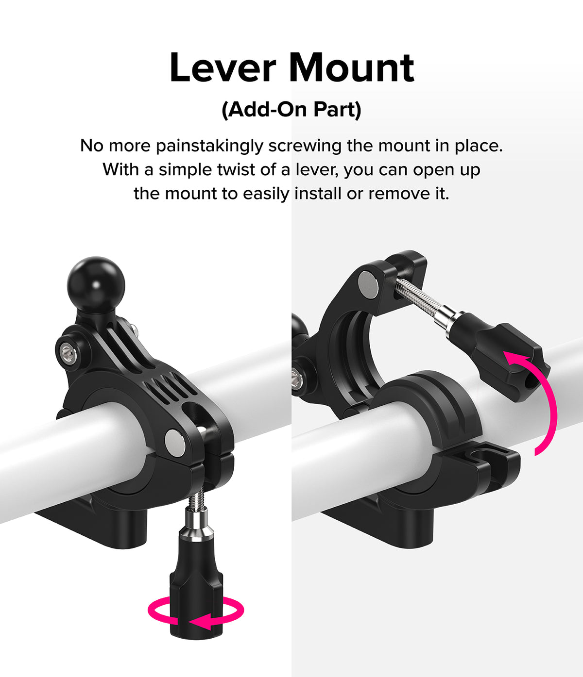 Quick & Go | Lever Mount Add-on - A black lever mount clamped to a bar, showing the mechanism opening with a twist.