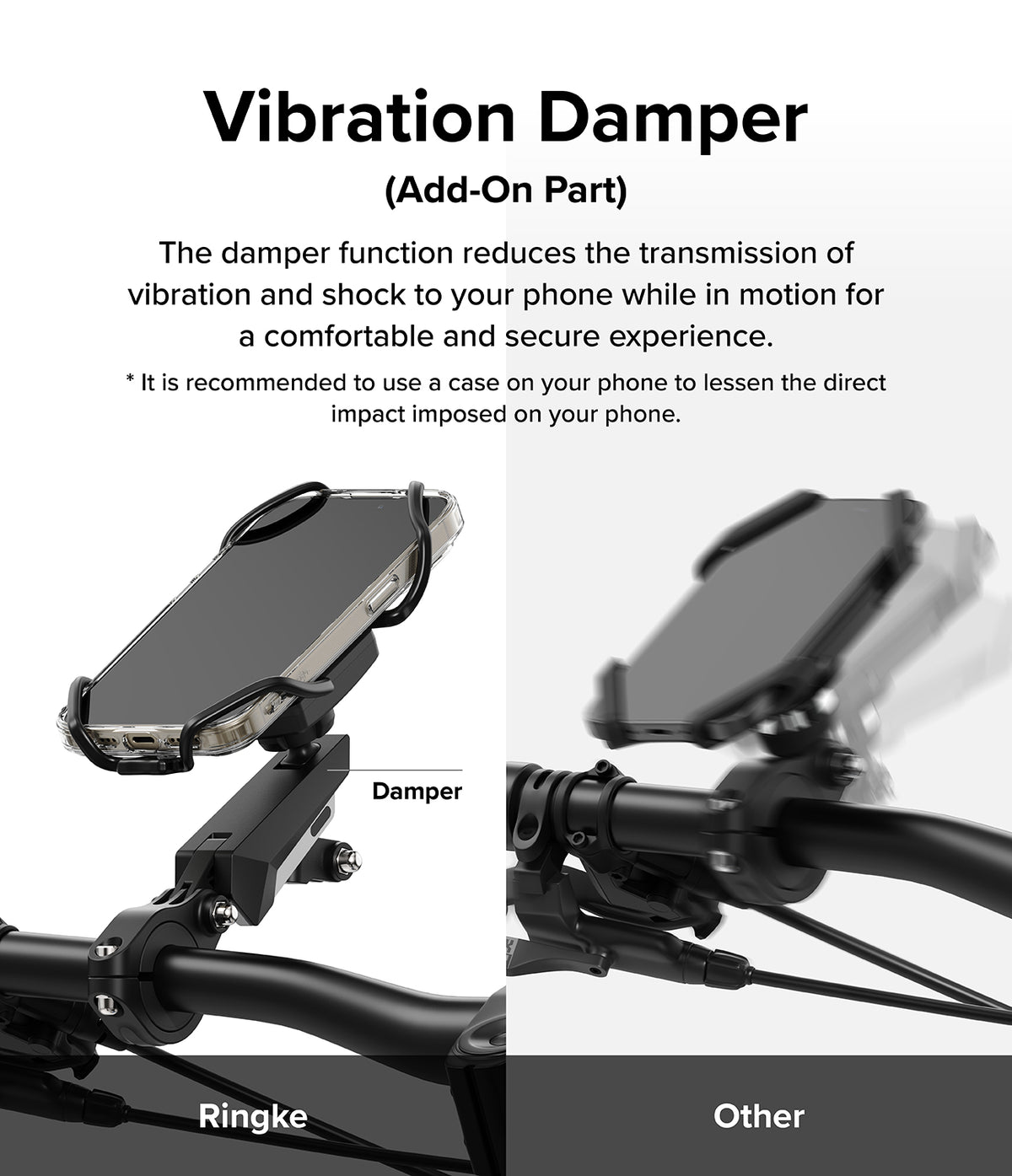 Quick & Go | Bike Mount Vibration Damper Add-on - Comparison showing a stable phone mount versus a blurry, vibrating one.