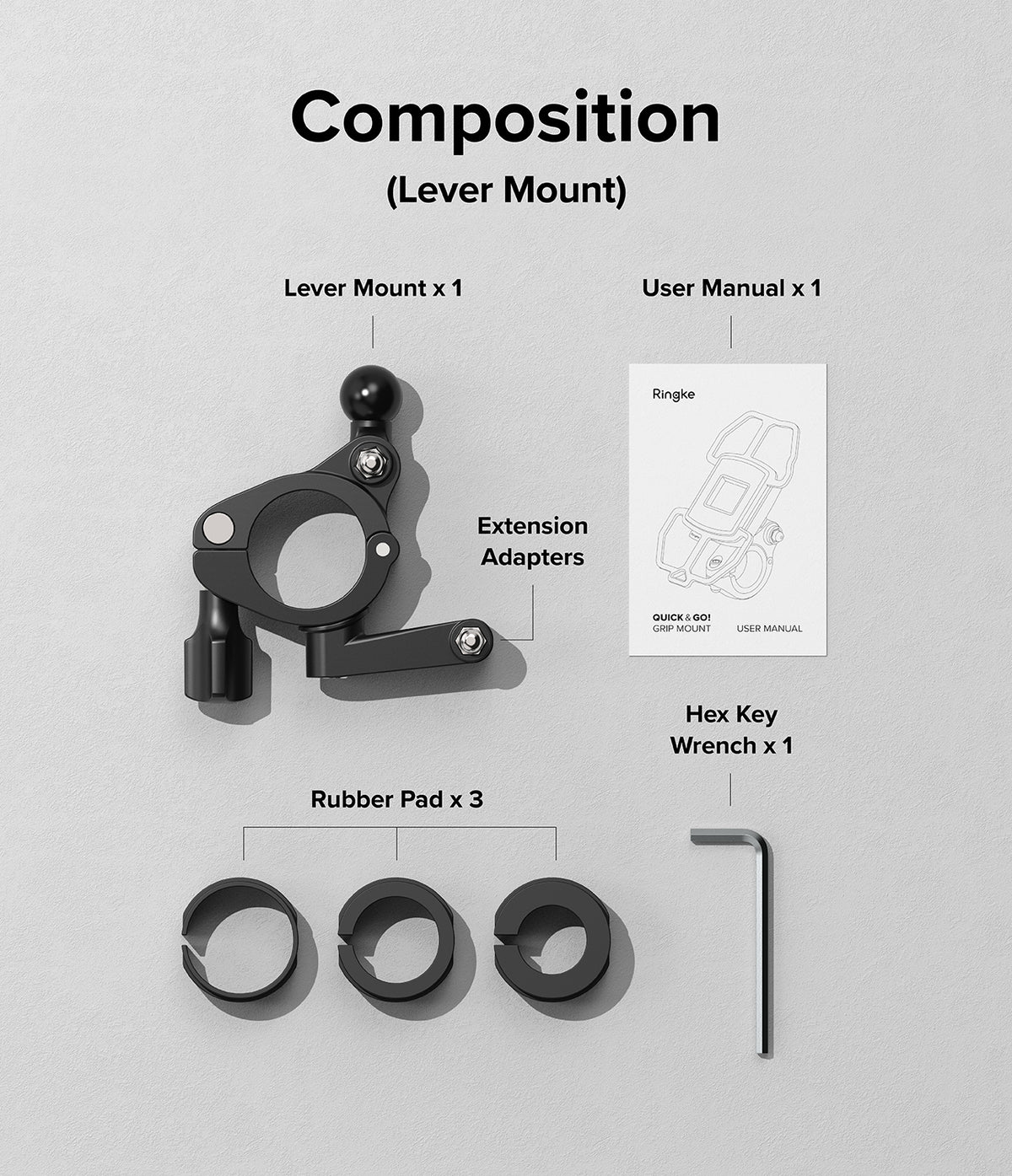 Quick & Go | Lever Mount Add-on - Components include a lever mount, user manual, three rubber pads, and a hex key wrench.