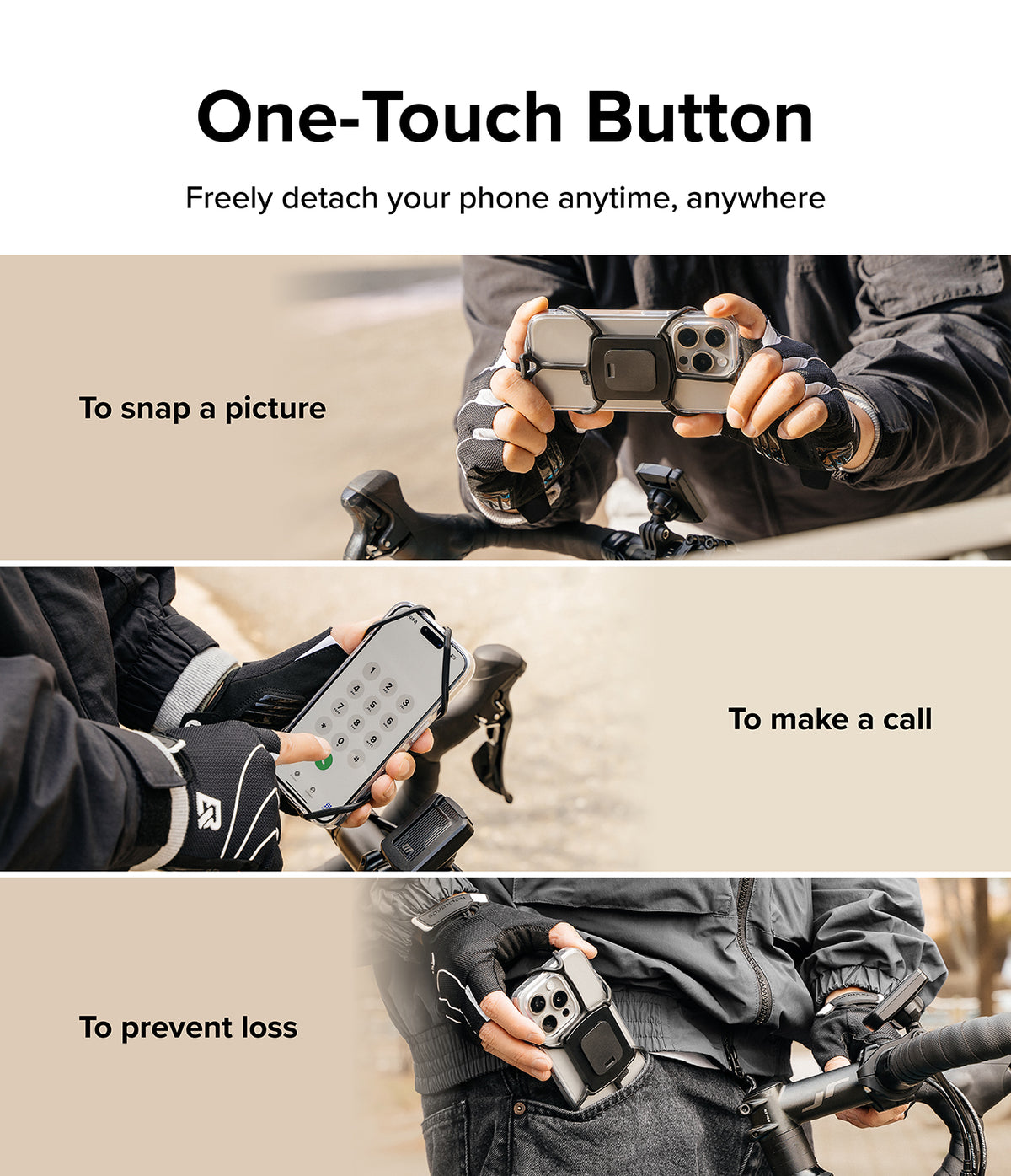 Quick & Go | Grip Bike Mount - Cyclist detaching phone to take photos, make calls, and store it safely in a pocket.