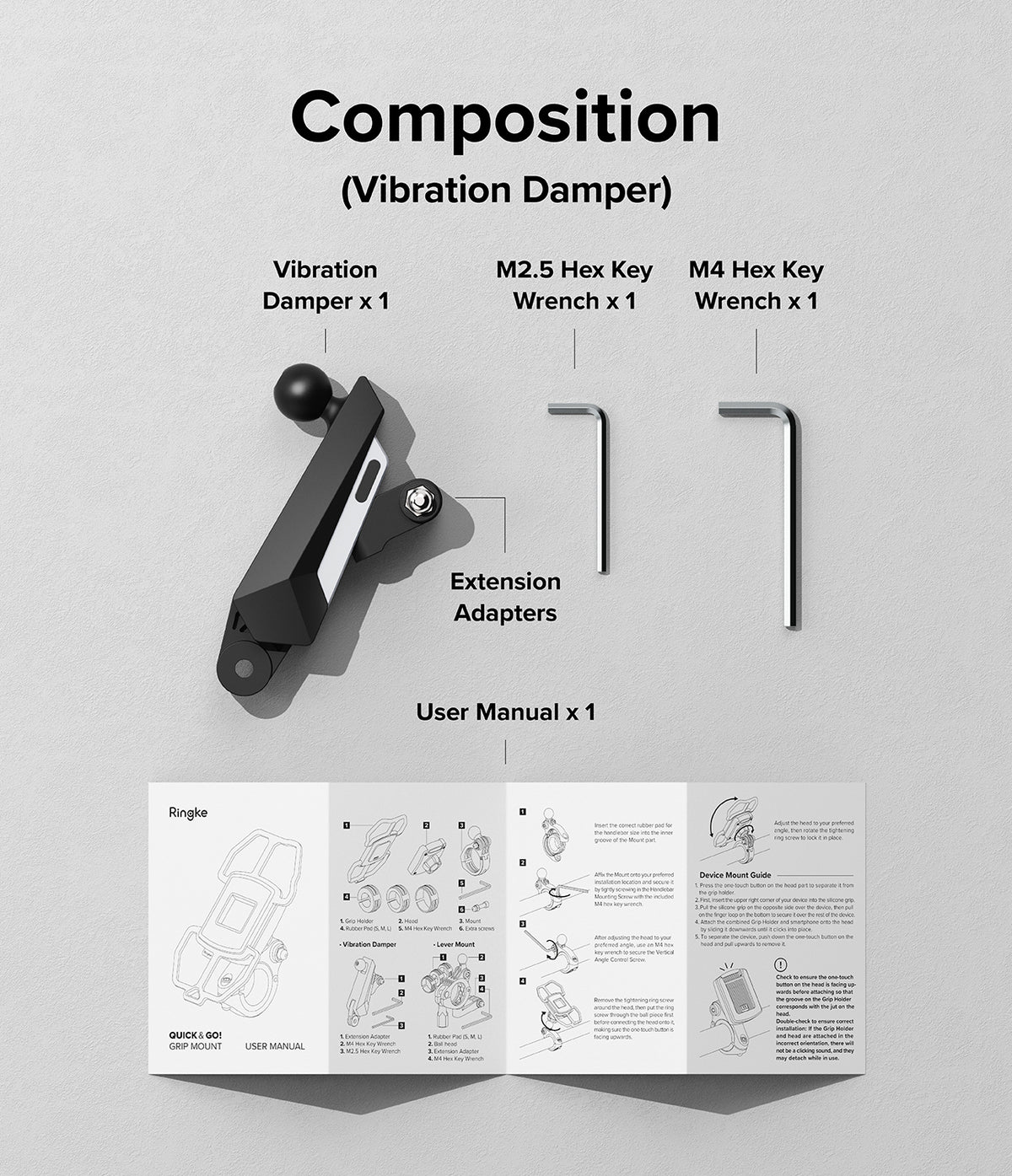 Quick & Go | Bike Mount Vibration Damper Add-on - Parts list showing a vibration damper, two hex keys, and a user manual.