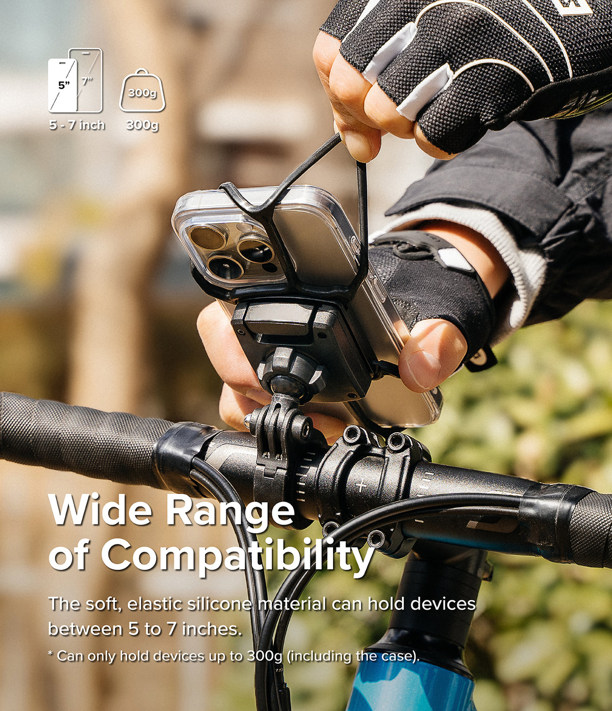 Quick & Go | Grip Bike Mount - Cyclist securing a smartphone into a flexible silicone bike mount on handlebars.