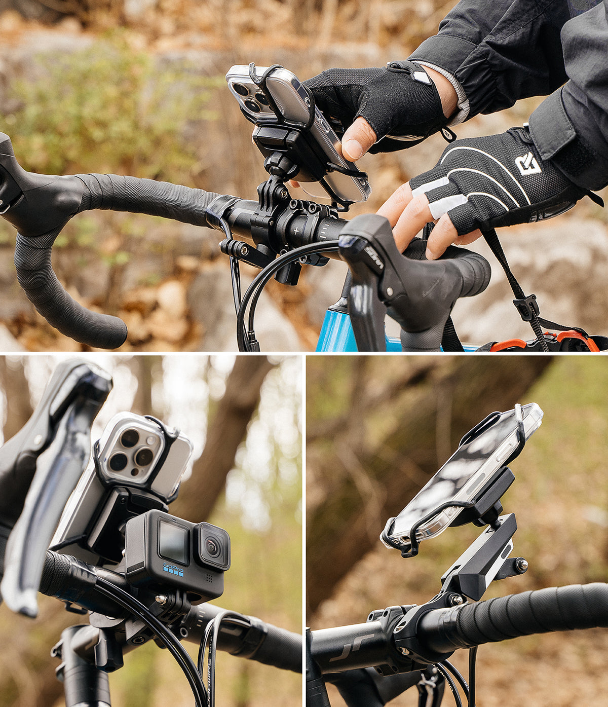 Quick & Go | Lever Mount Add-on - A cyclist mounting a smartphone and GoPro camera to a bicycle handlebar using a lever mount.