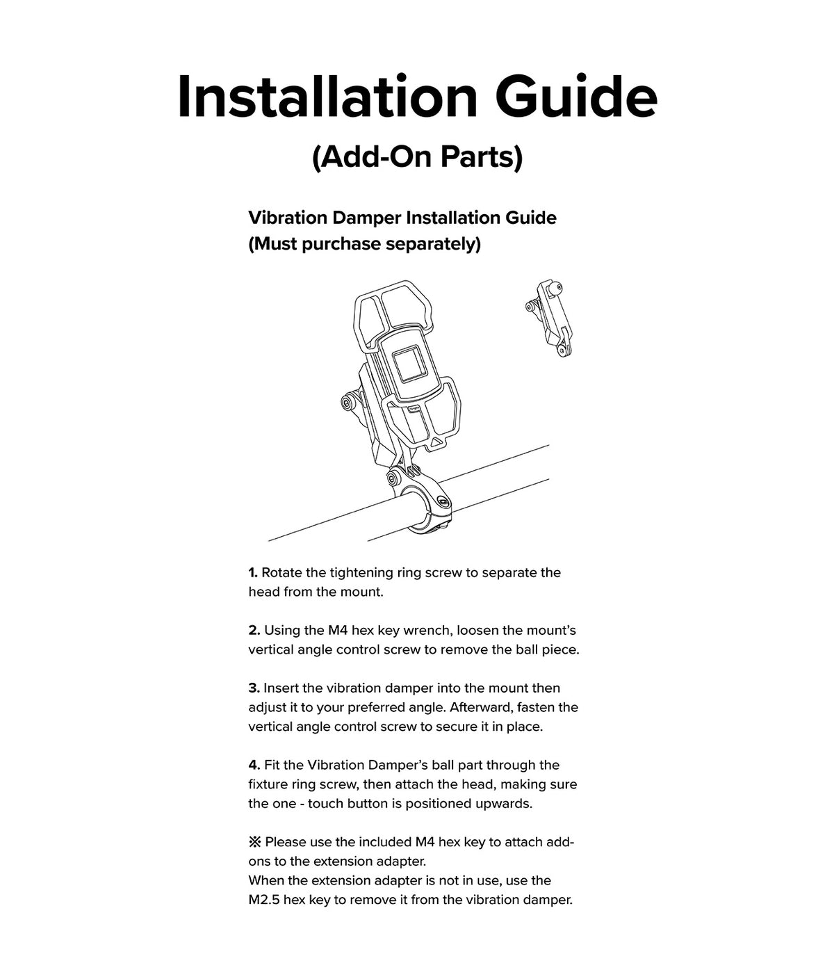 Quick & Go | Bike Mount Vibration Damper Add-on - Line art diagram showing installation steps for a phone mount damper.