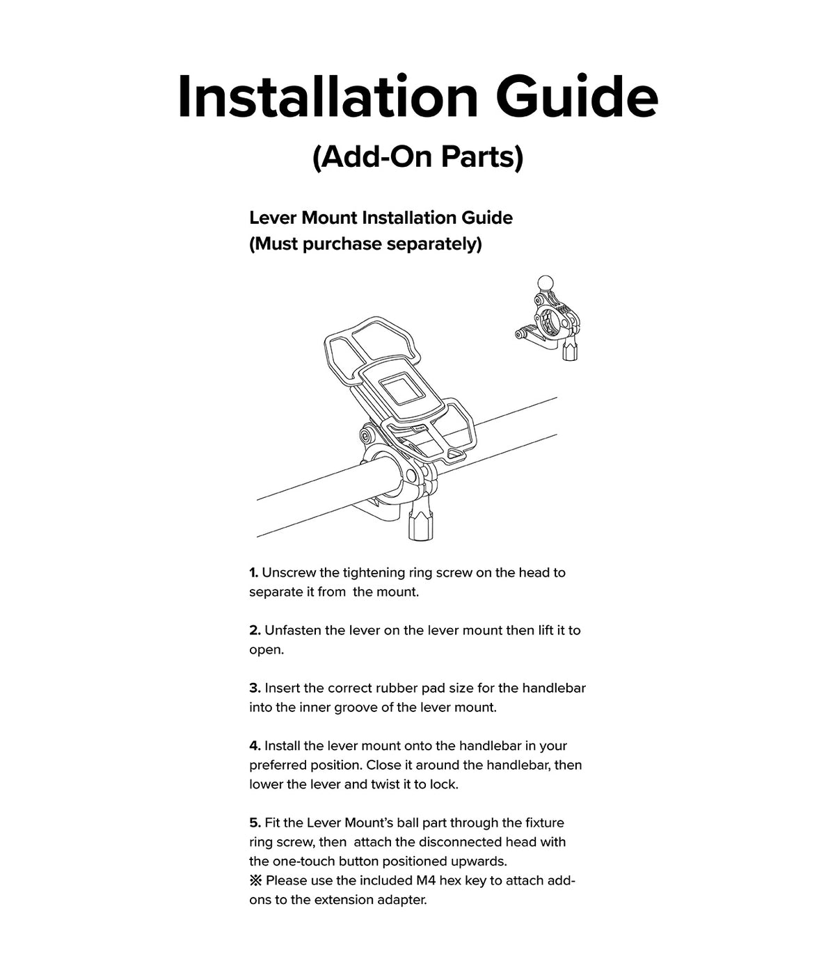 Quick & Go | Lever Mount Add-on - Line drawing showing installation steps for a bicycle handlebar lever mount.