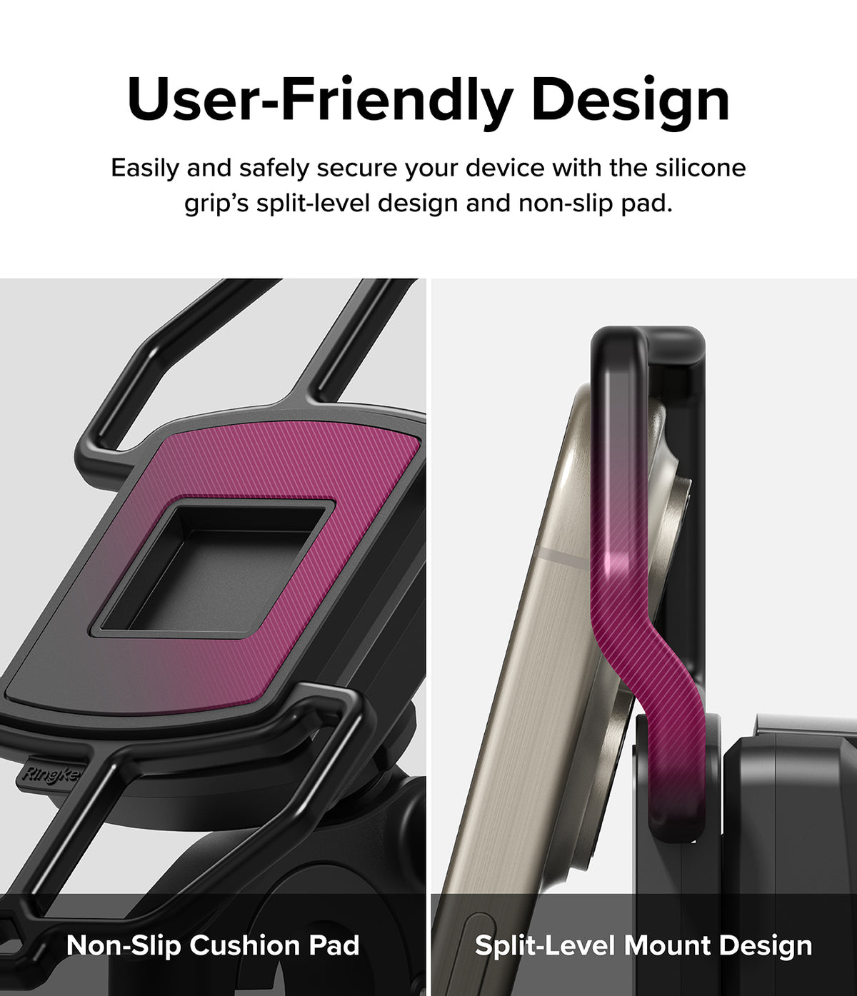 Quick & Go | Grip Bike Mount - Close-up of a bike mount showing a non-slip cushion pad and a split-level grip holding a phone.