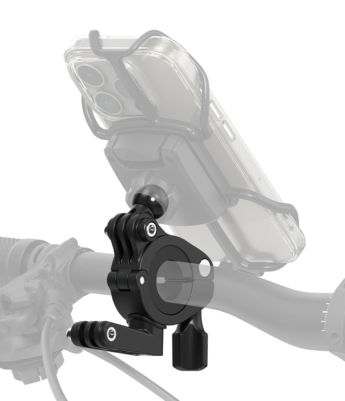 Quick & Go | Lever Mount Add-on - Black handlebar lever mount securing a smartphone holder to a bicycle handlebar.