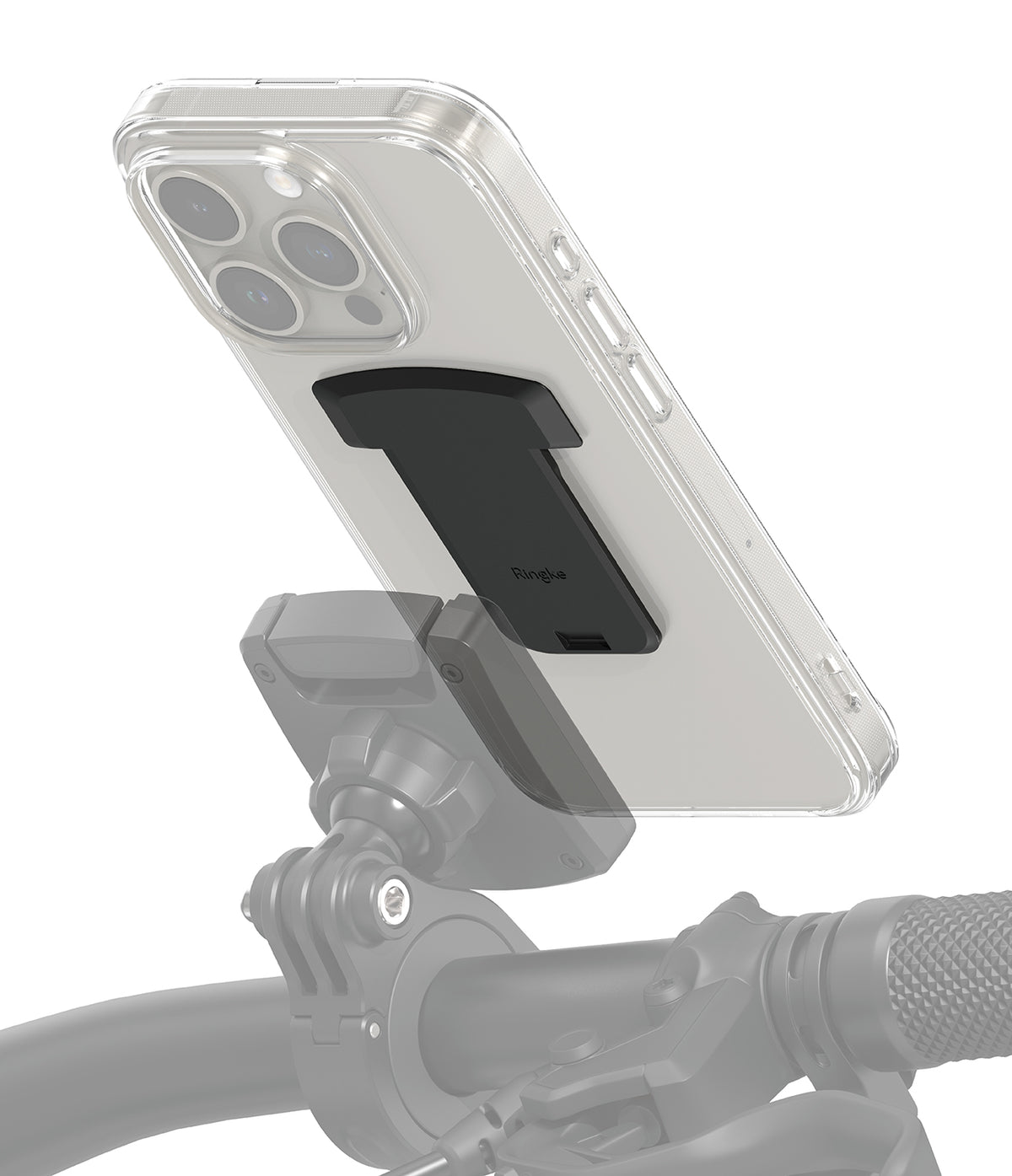 Quick & Go | Universal Adapter Mount Add-on - Black Ringke adapter mounted on a clear phone case attached to a bike mount.