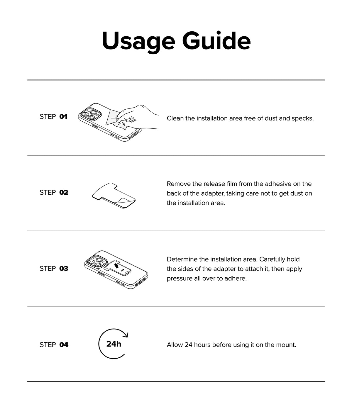 Quick & Go | Universal Adapter Mount Add-on - Four-step illustrated guide for cleaning, peeling, attaching, and curing the adapter.