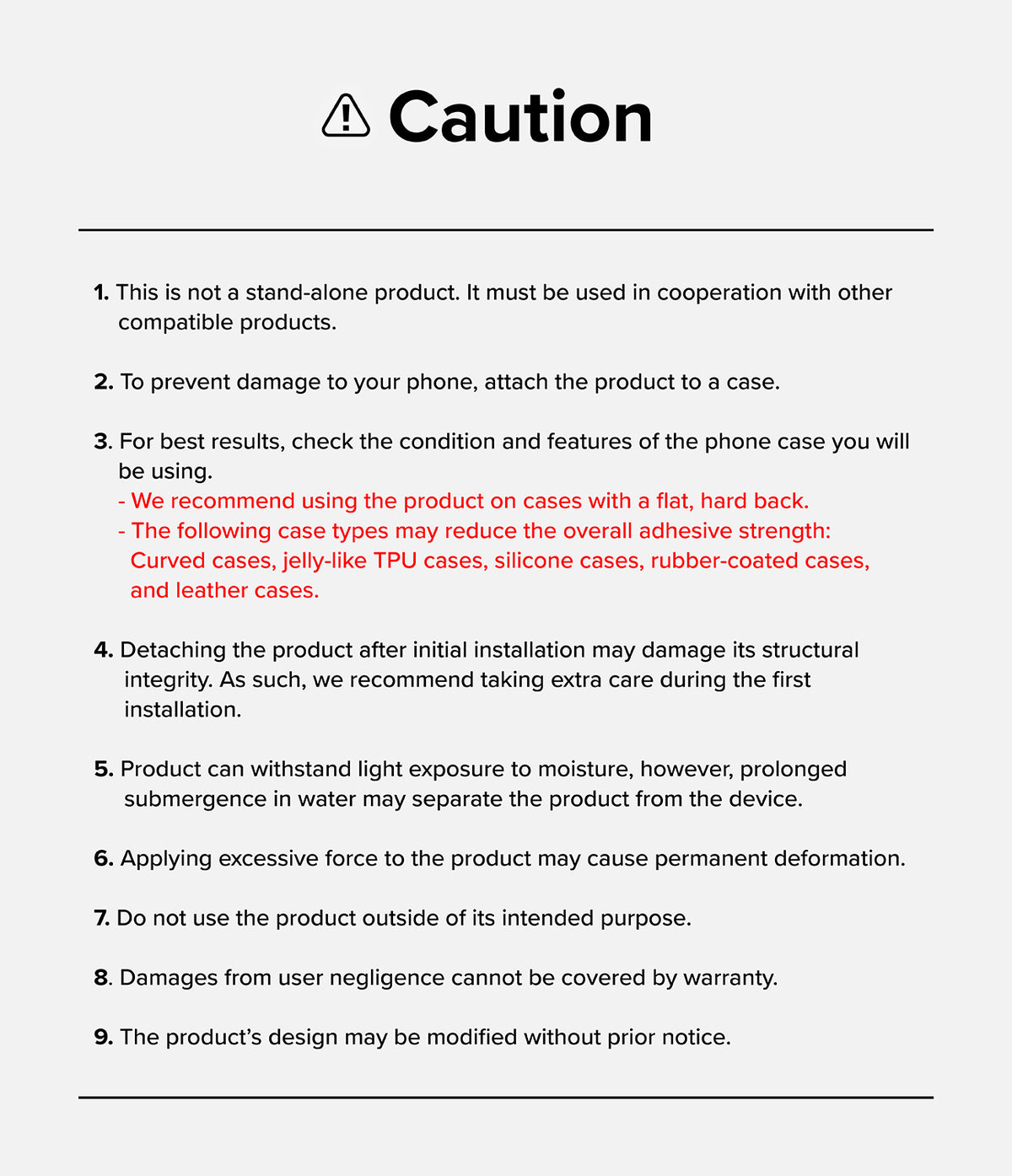 Quick & Go | Universal Adapter Mount Add-on - A list of nine caution points regarding product usage and compatibility.
