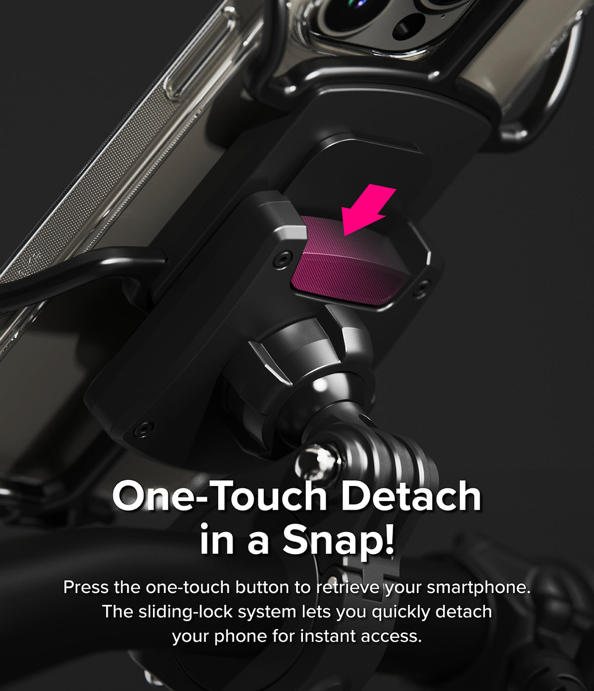 Quick & Go | Universal Adapter Mount Add-on - Close-up of a phone mount with a pink arrow pointing to the release button.