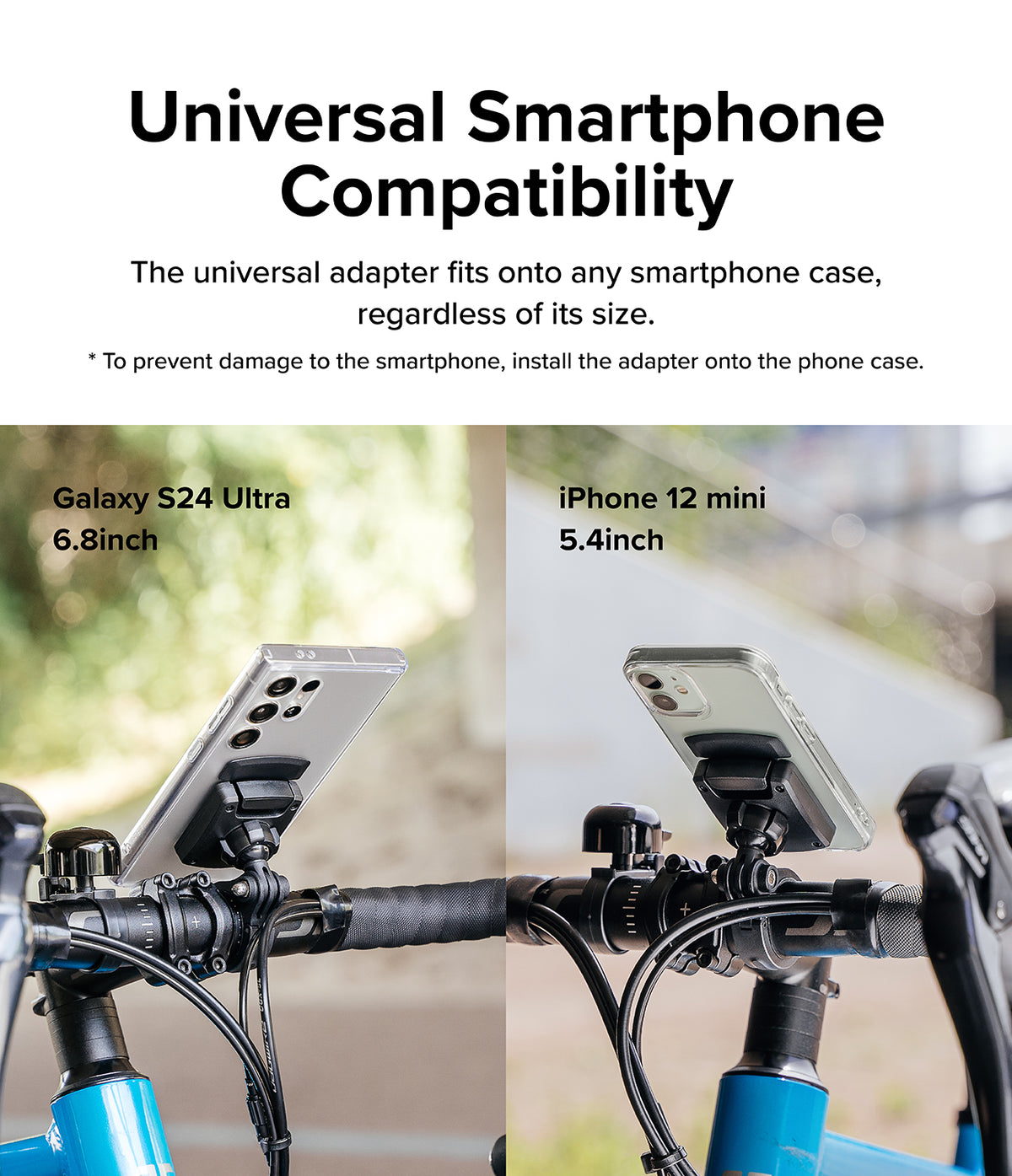 Quick & Go | Universal Adapter Mount Add-on - Two smartphones of different sizes mounted on bicycle handlebars.