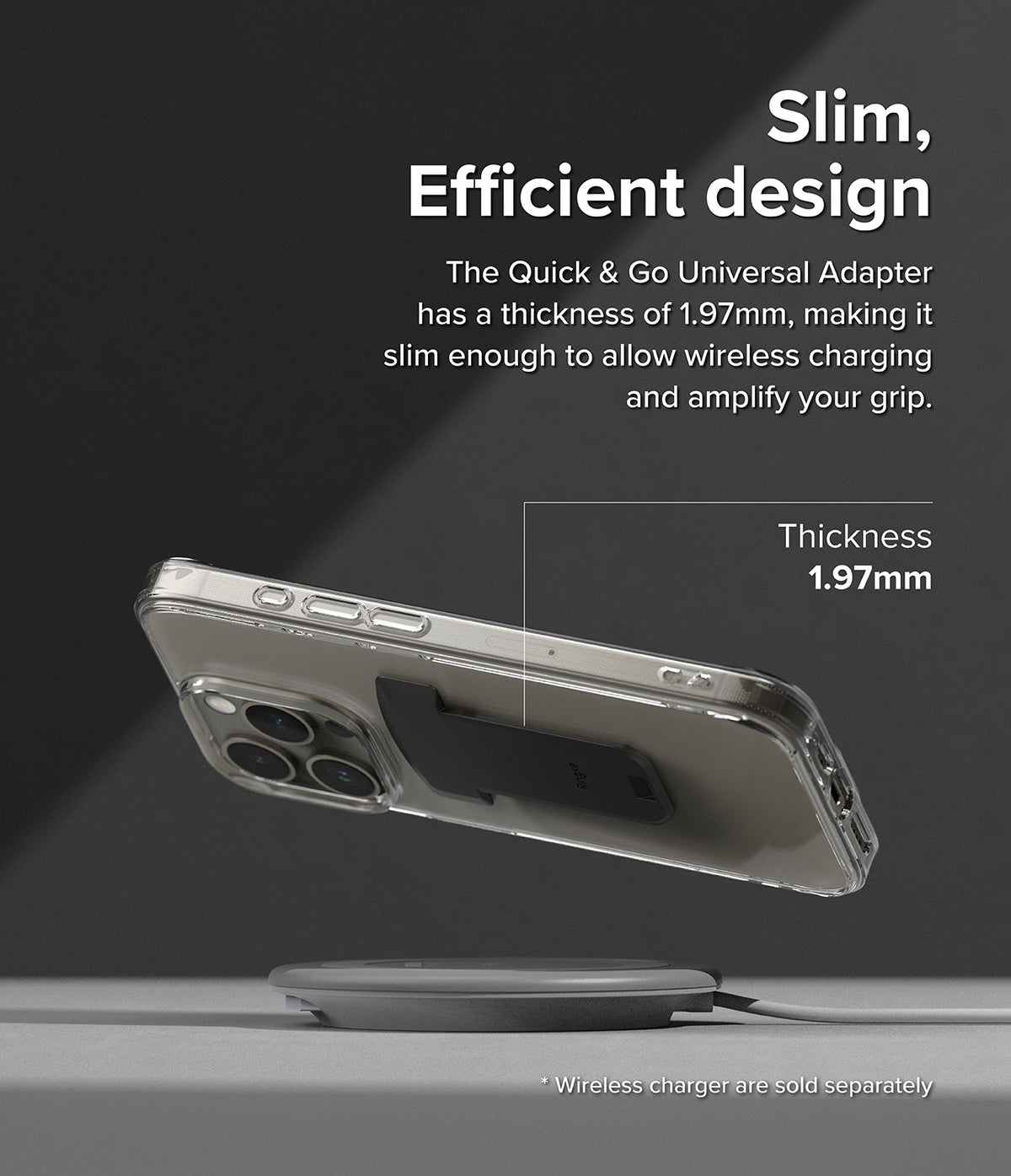 Quick & Go | Universal Adapter Mount Add-on - Smartphone with slim 1.97mm adapter hovering over a wireless charger.