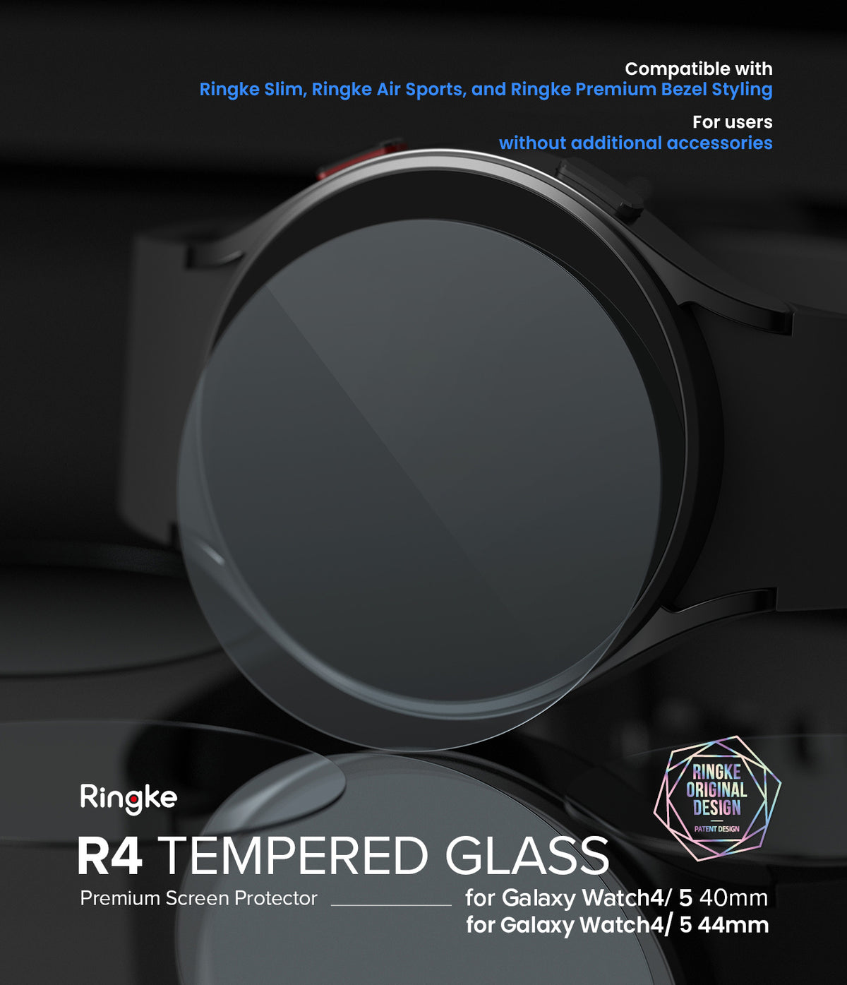 Galaxy Watch 5 / 4 Screen Protector | Glass - R4 - Tempered glass screen protector hovering over a black smartwatch.