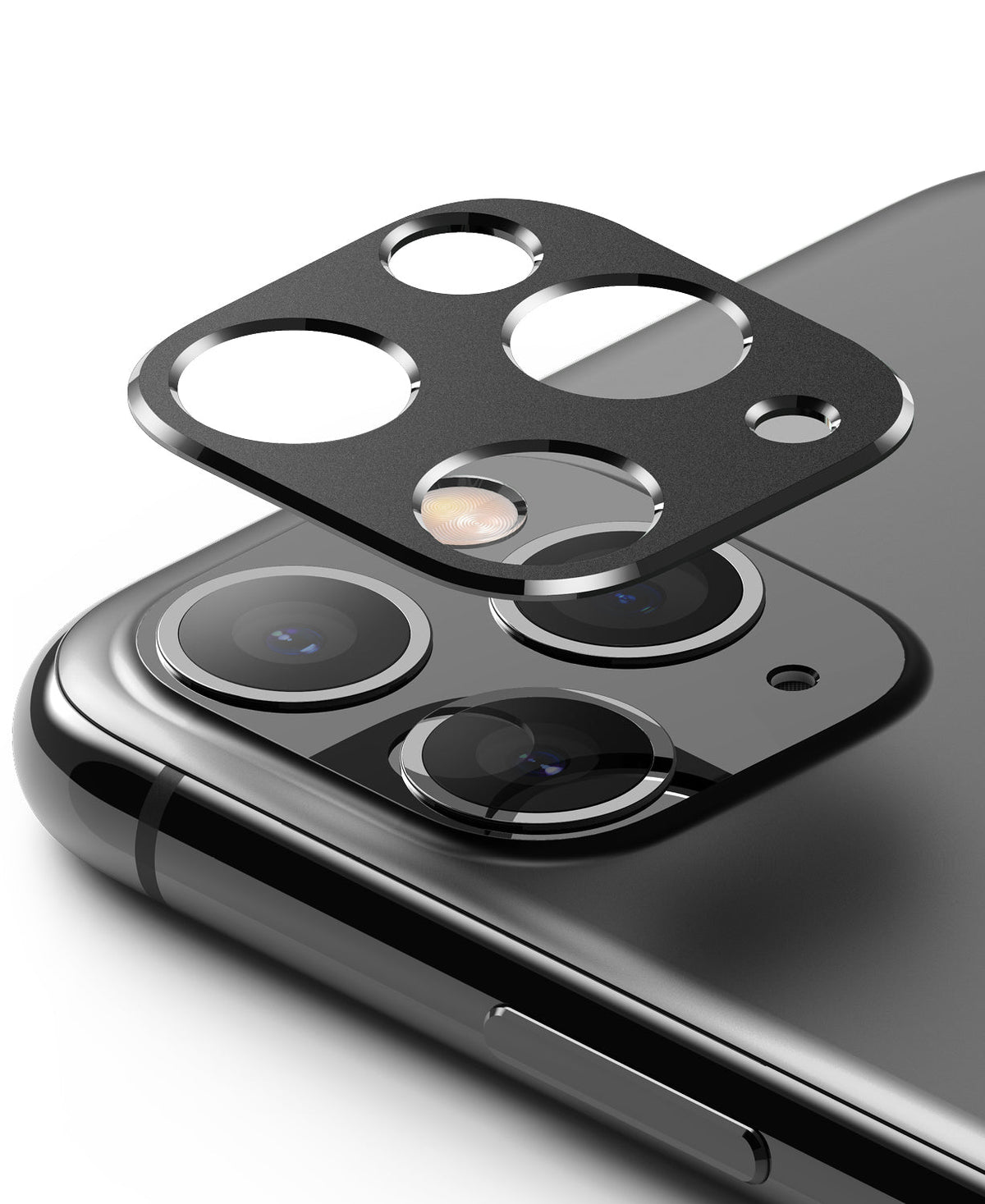 iPhone 11 Pro / Pro Max | Camera Styling - A black protective camera lens cover hovering above an iPhone 11 Pro camera array.