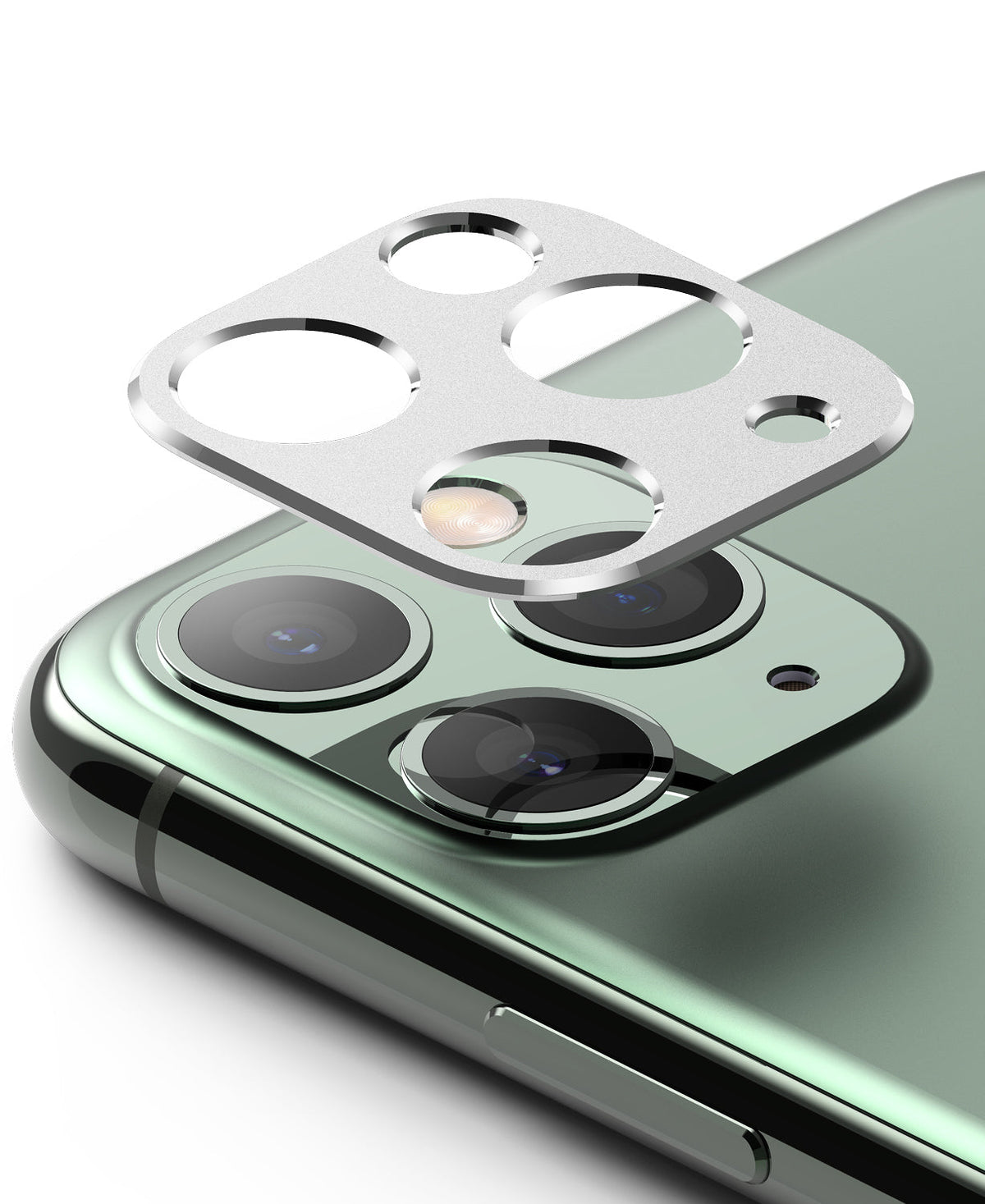 iPhone 11 Pro / Pro Max | Camera Styling - Silver metal camera lens protector hovering above a green iPhone 11 Pro camera module.