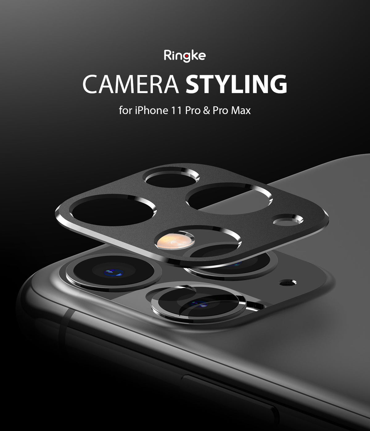 iPhone 11 Pro / Pro Max | Camera Styling - A black camera lens protector hovering above an iPhone 11 Pro camera module.