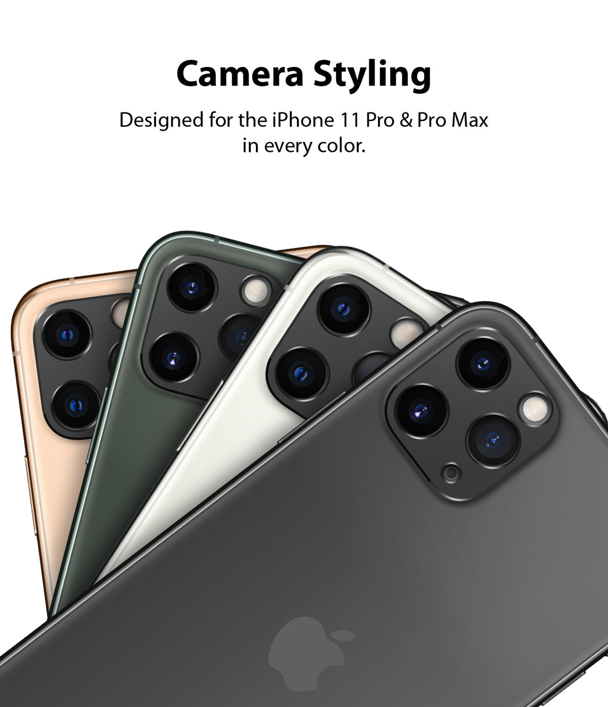 iPhone 11 Pro / Pro Max | Camera Styling - Four iPhone 11 Pro phones in different colors fanned out to show camera lenses.