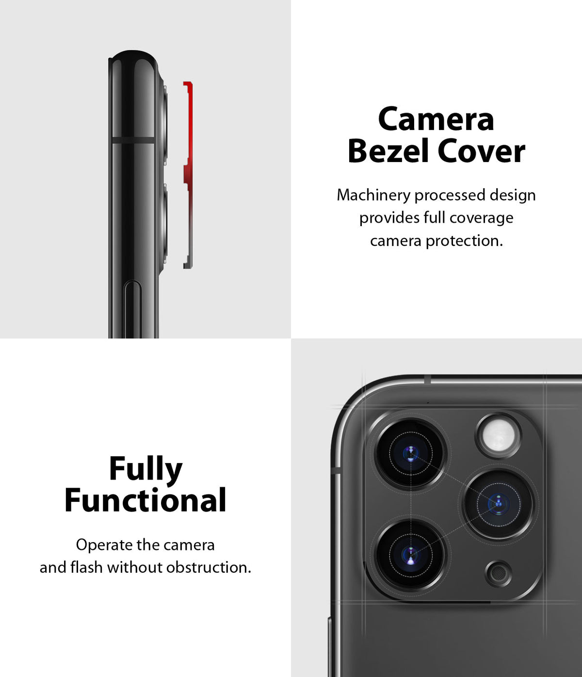 iPhone 11 Pro / Pro Max | Camera Styling - Side and top views of a protective camera bezel cover on an iPhone.