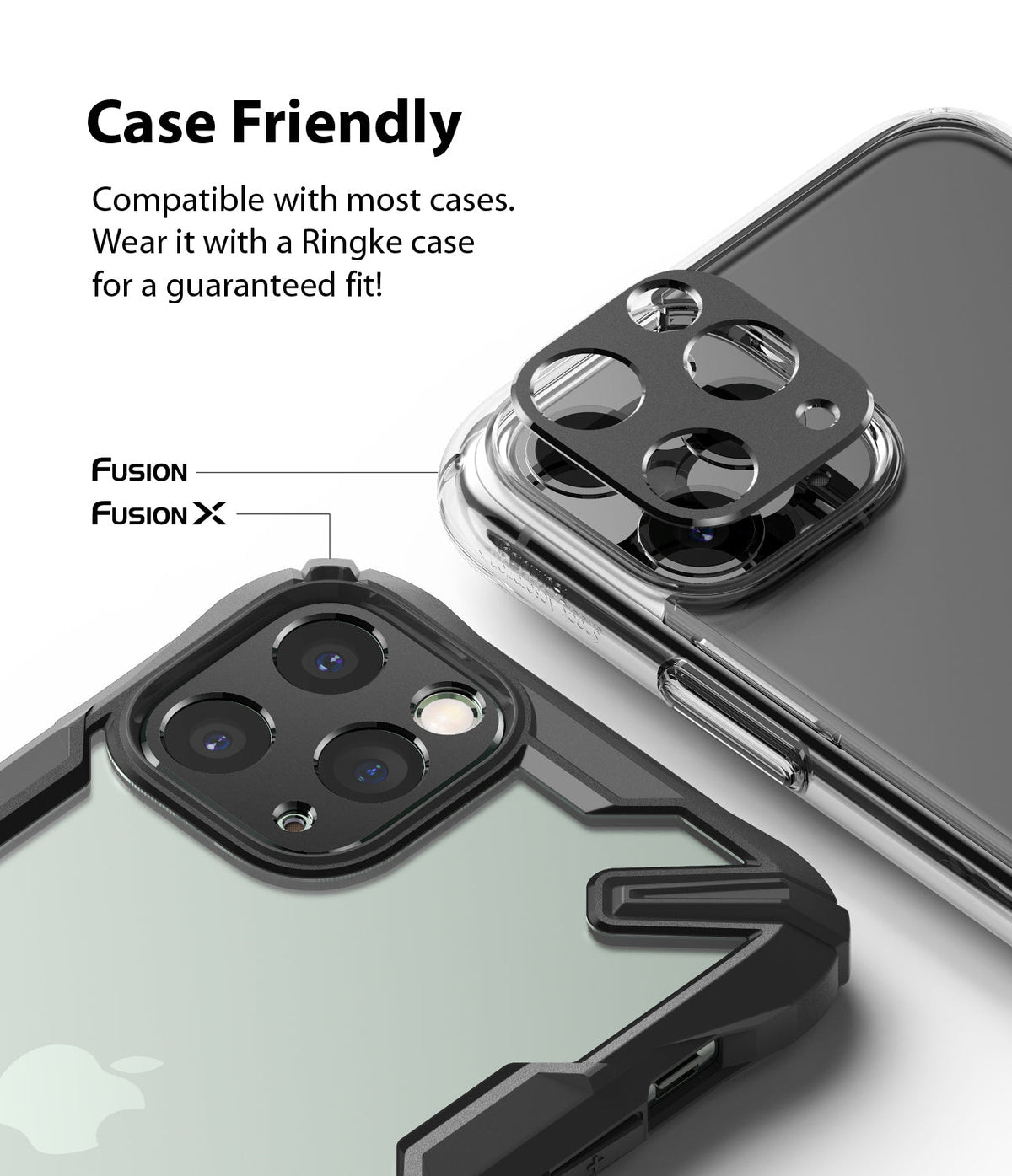 iPhone 11 Pro / Pro Max | Camera Styling - Black camera lens protector being applied to an iPhone 11 Pro inside a protective case.