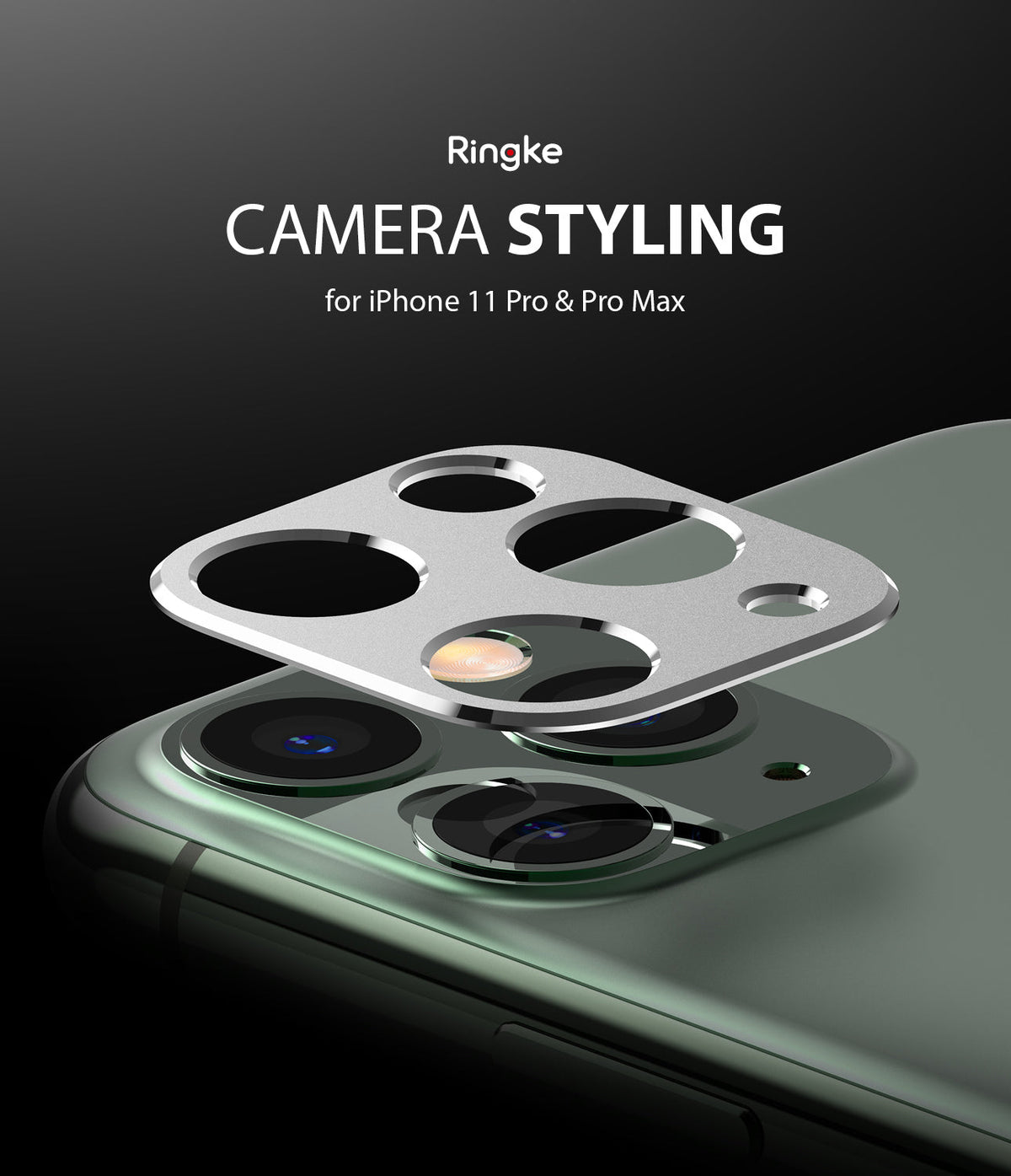 iPhone 11 Pro / Pro Max | Camera Styling - Silver metal camera lens cover hovering above an iPhone 11 Pro camera array.