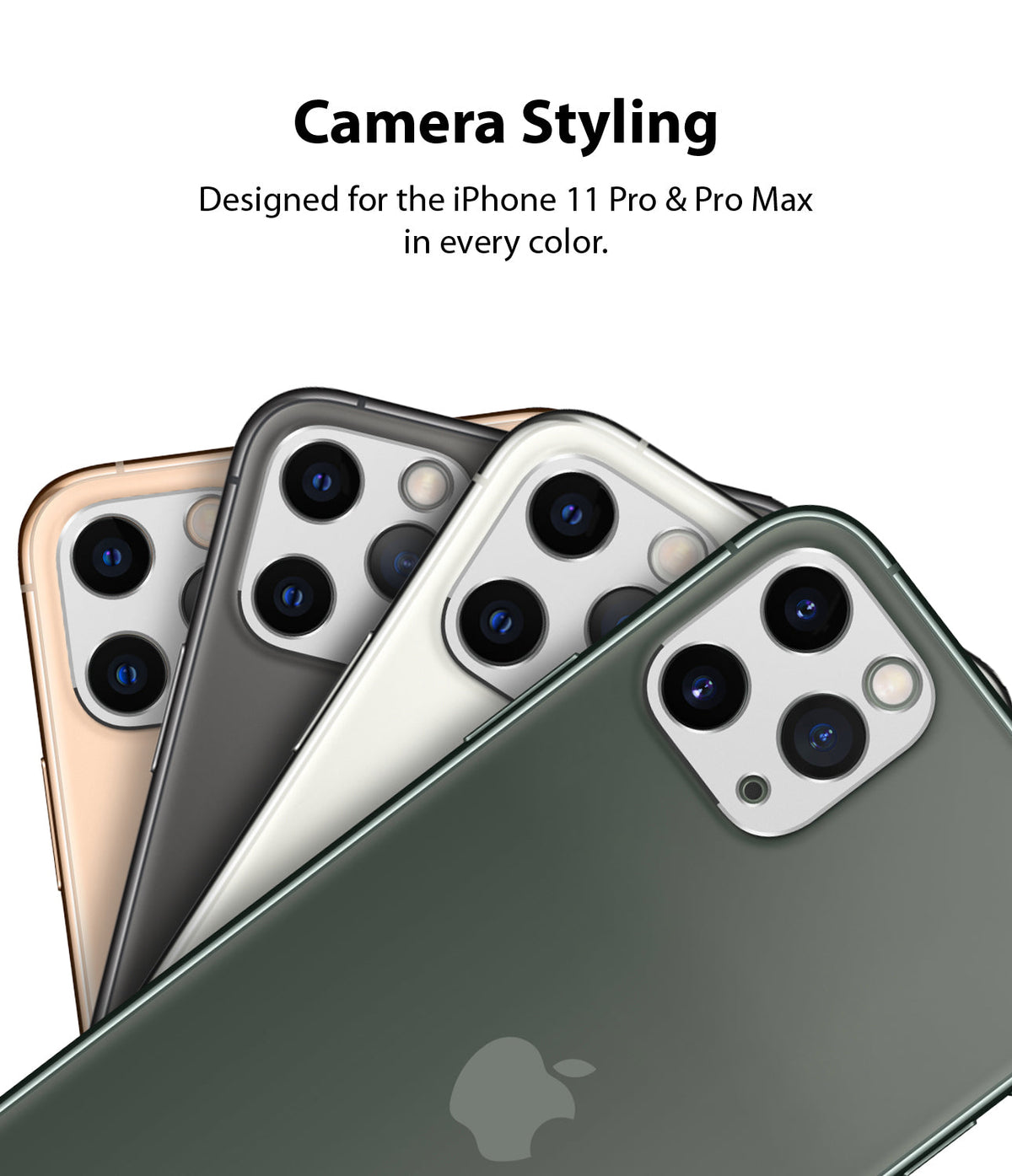 iPhone 11 Pro / Pro Max | Camera Styling - Four iPhone 11 Pro phones in different colors fanned out to show camera lenses.