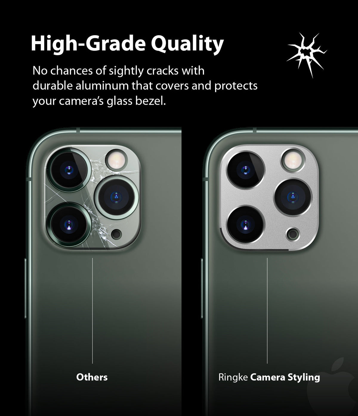 iPhone 11 Pro / Pro Max | Camera Styling - Comparison of a cracked iPhone camera lens versus one protected by a Ringke aluminum cover.
