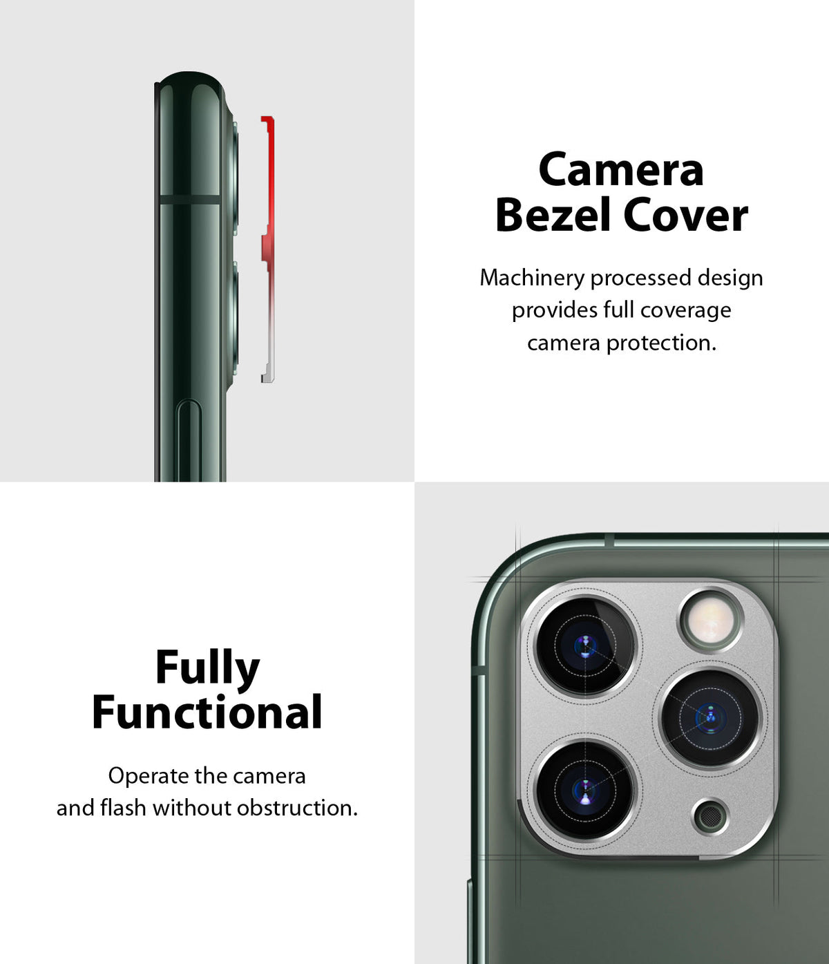 iPhone 11 Pro / Pro Max | Camera Styling - Side and top views of a silver camera bezel cover installed on an iPhone.