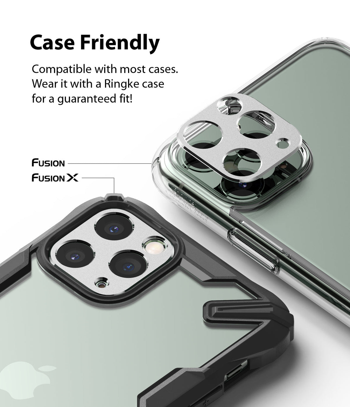 iPhone 11 Pro / Pro Max | Camera Styling - Silver camera lens protector being applied to an iPhone 11 Pro in a Ringke case.