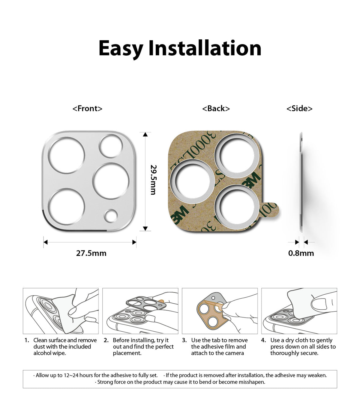 iPhone 11 Pro / Pro Max | Camera Styling - Technical diagram showing dimensions and four-step installation guide for a camera lens protector.