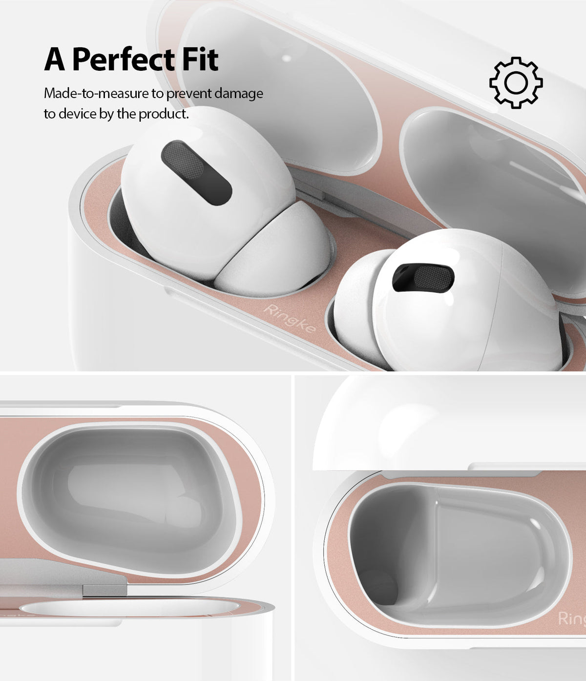 Ringke Airpods Pro Dust Guard Sticker - Rose gold metallic dust guard stickers applied inside an AirPods Pro case.