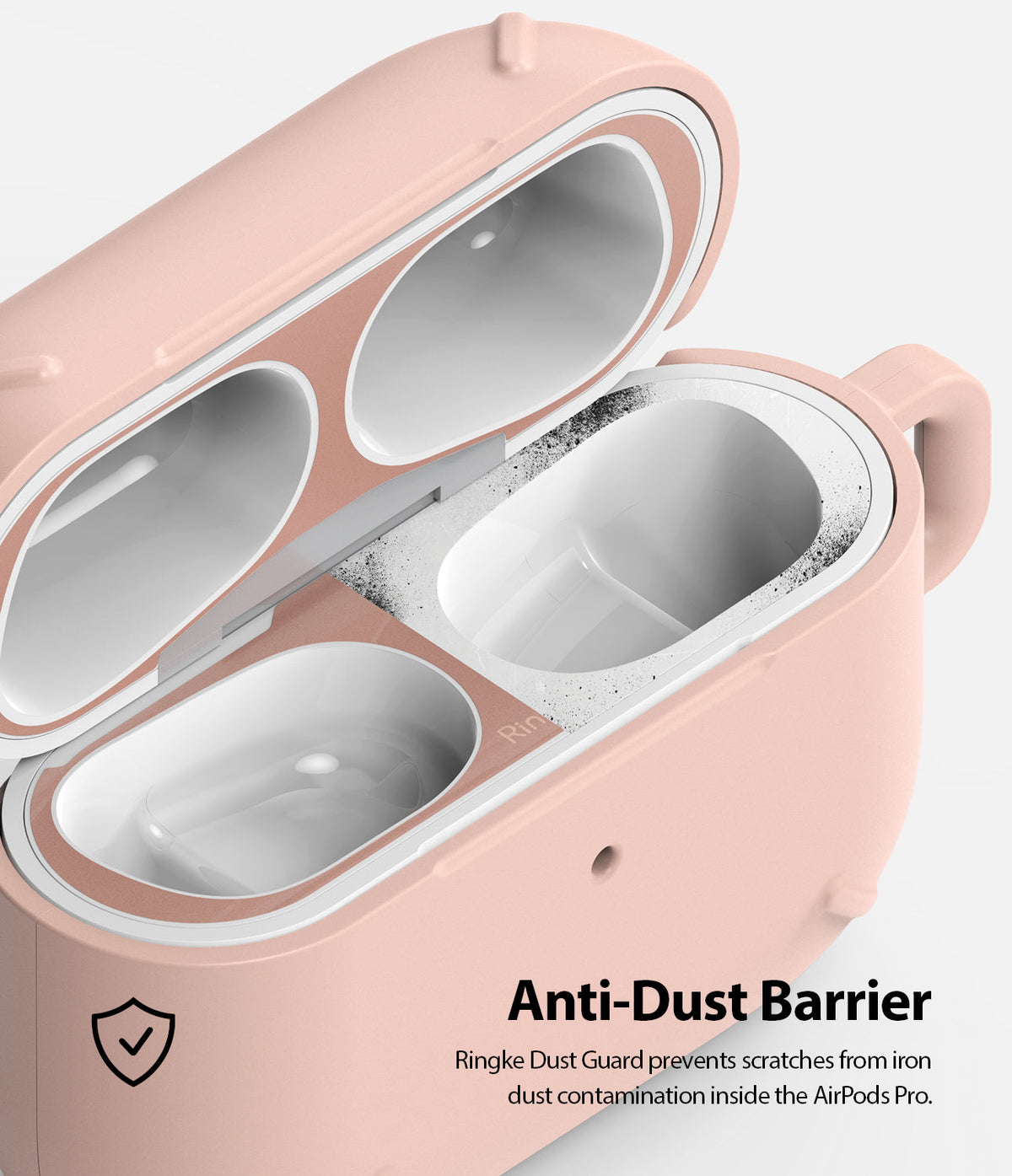Ringke Airpods Pro Dust Guard Sticker - A pink AirPods Pro case with a metallic dust guard sticker applied to the rim.