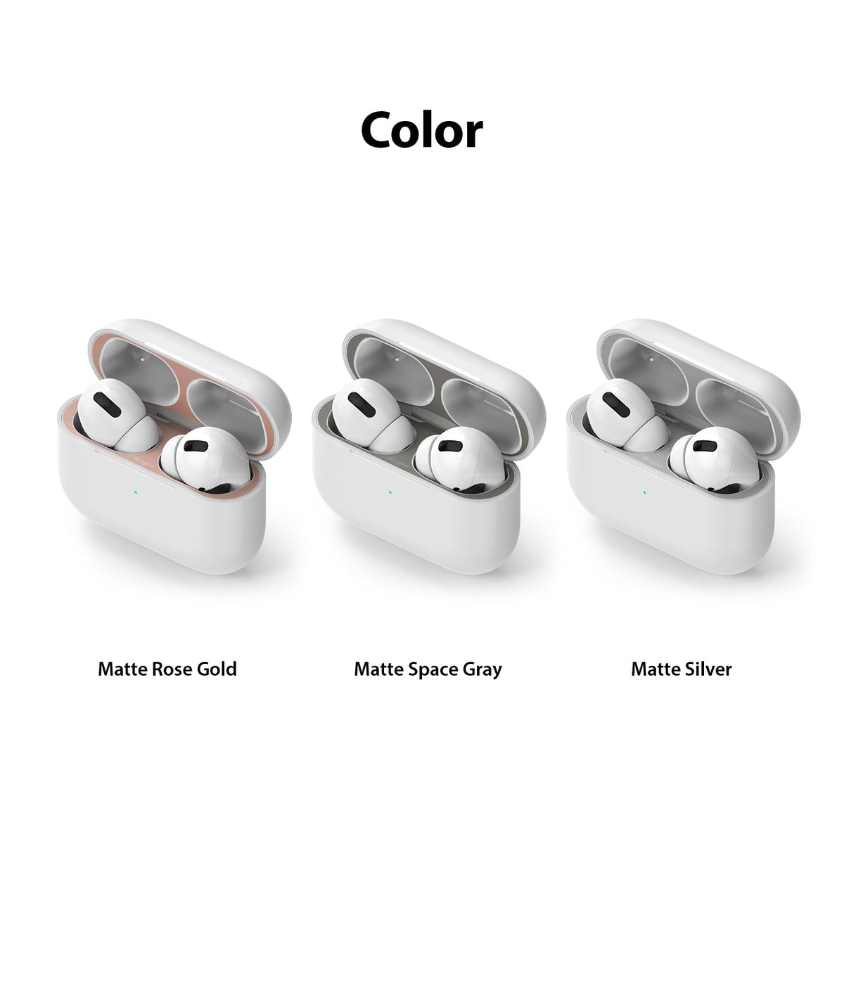 Ringke Airpods Pro Dust Guard Sticker - Three open AirPods Pro cases with rose gold, space gray, and silver dust guards.