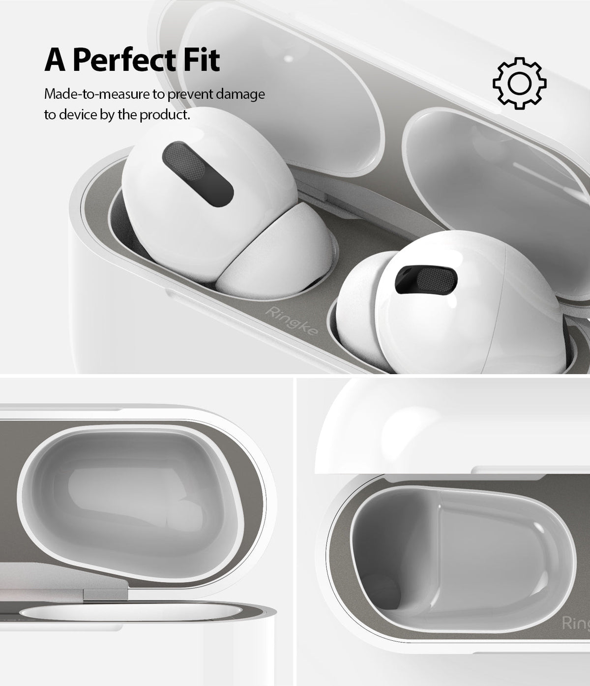 Ringke Airpods Pro Dust Guard Sticker - Close-up views of a metallic dust guard sticker applied inside an AirPods Pro case.