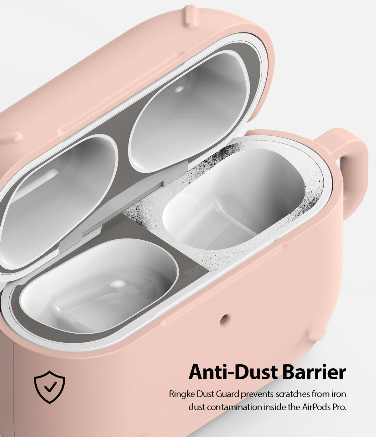 Ringke Airpods Pro Dust Guard Sticker - Pink AirPods Pro case with a metallic dust guard sticker applied to the interior.
