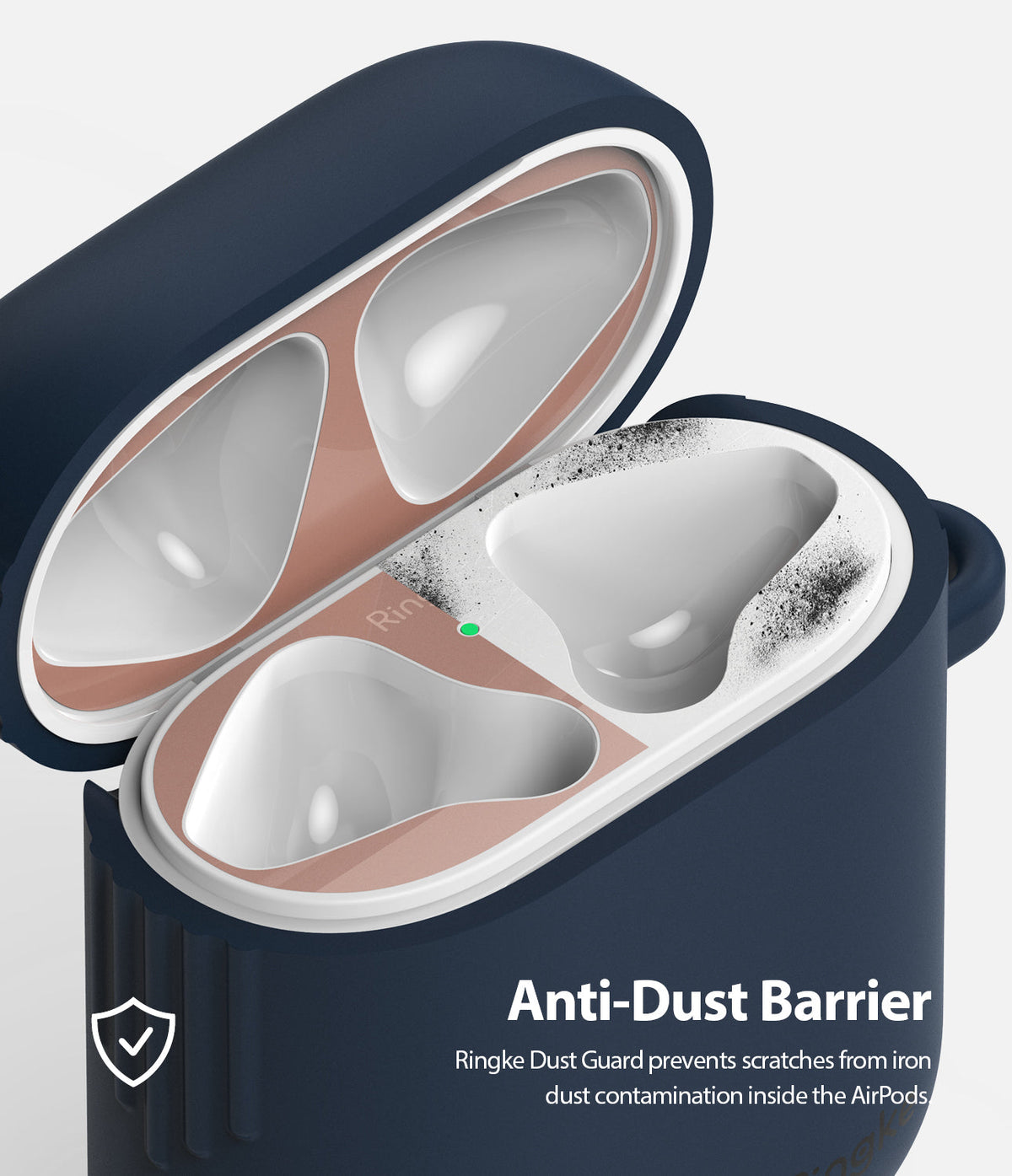 Ringke Airpods 2 / 1 Dust Guard Sticker - Rose gold metallic stickers applied to the interior of an open AirPods case.