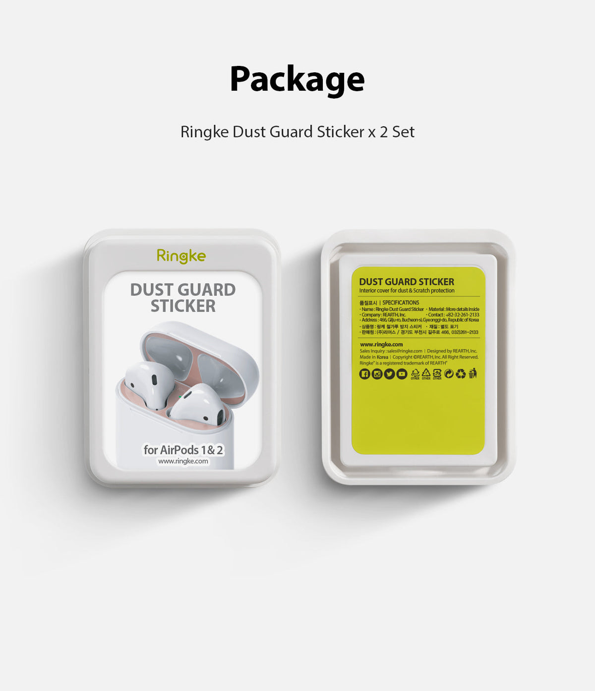 Ringke Airpods 2 / 1 Dust Guard Sticker - Two white product packages showing AirPods with rose gold dust guard stickers.
